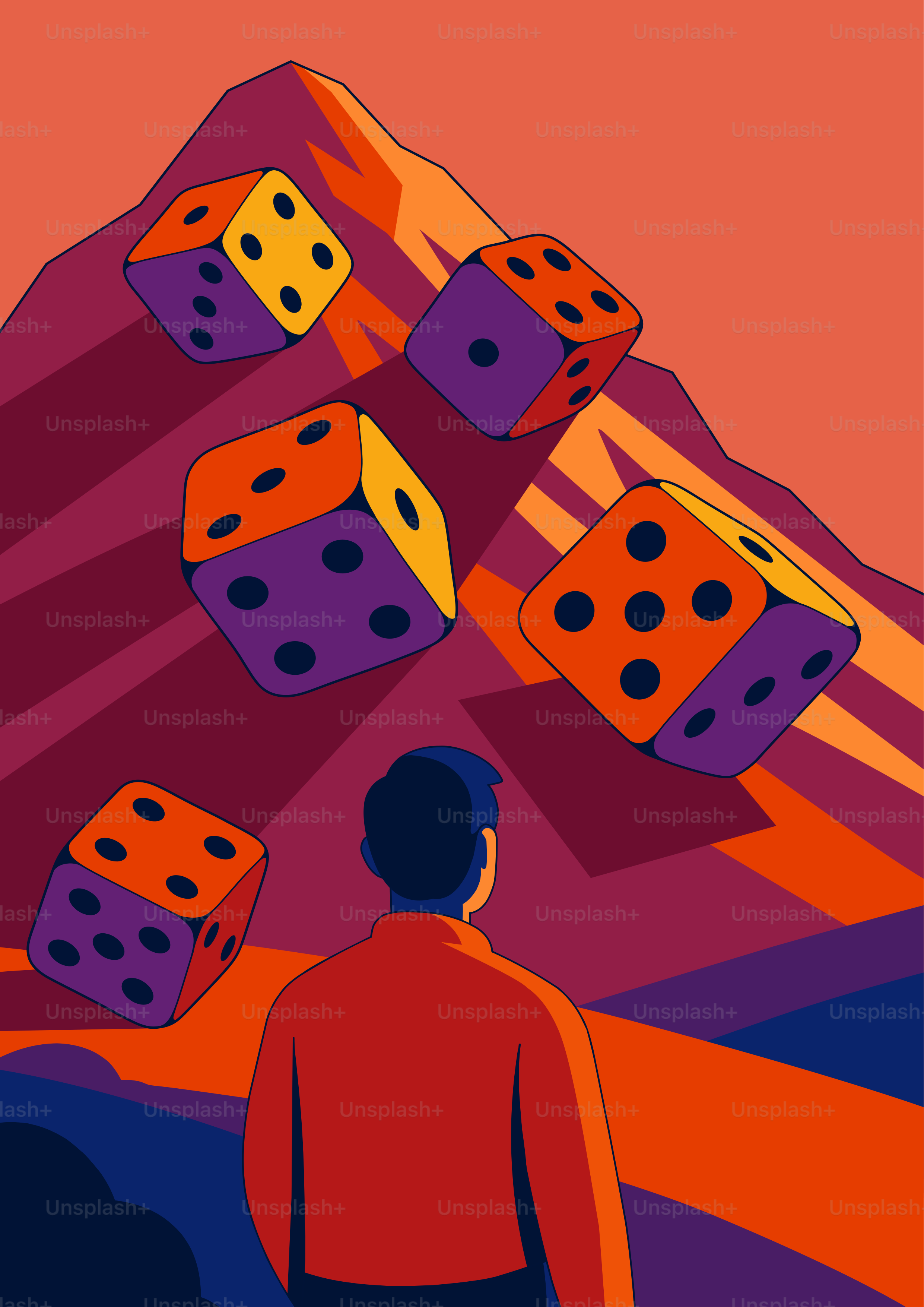 Mann sieht Würfel vor Bergkulisse fallen