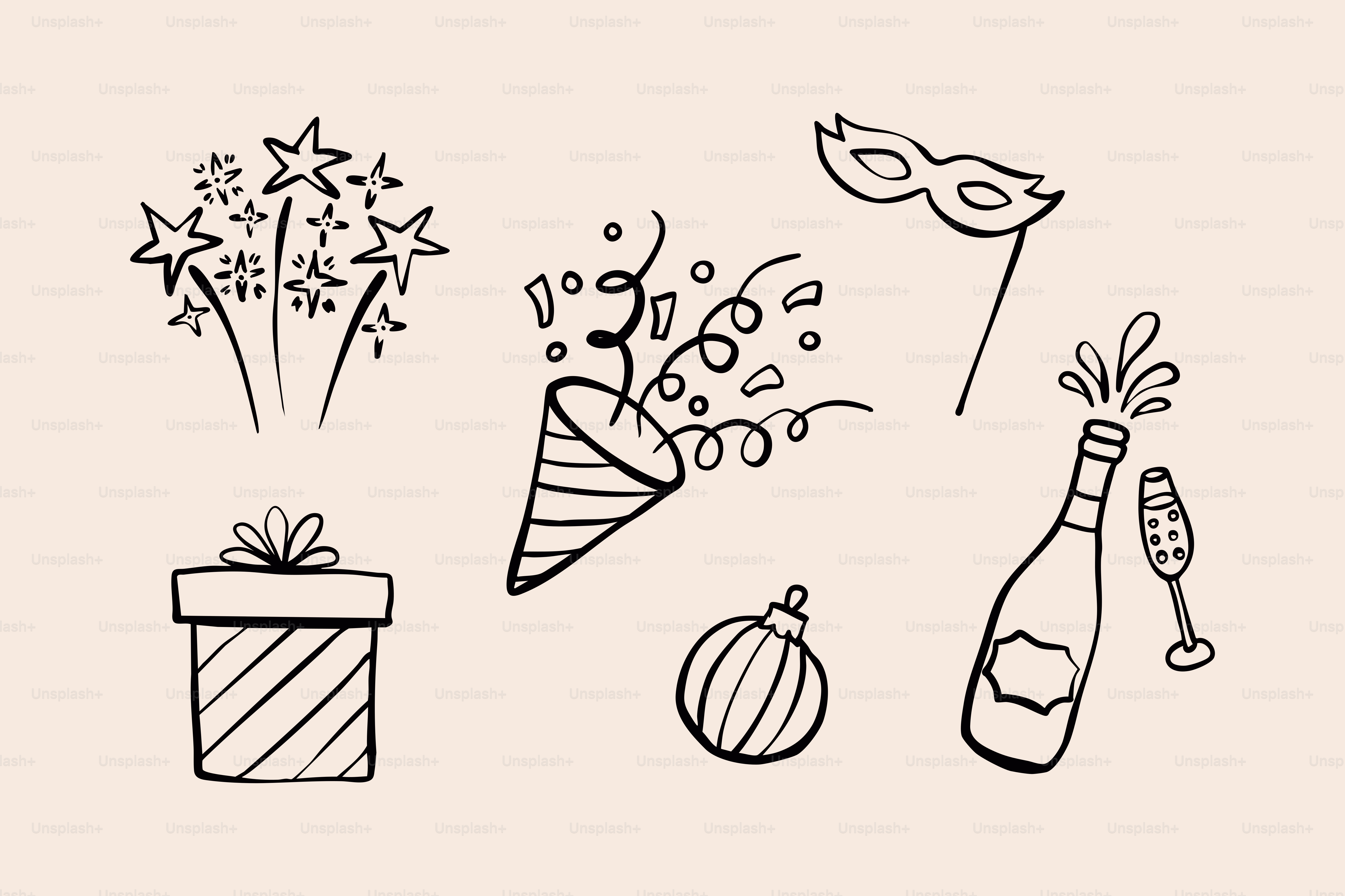 Celebration icons: fireworks, gift, party popper, ornament, mask, champagne.