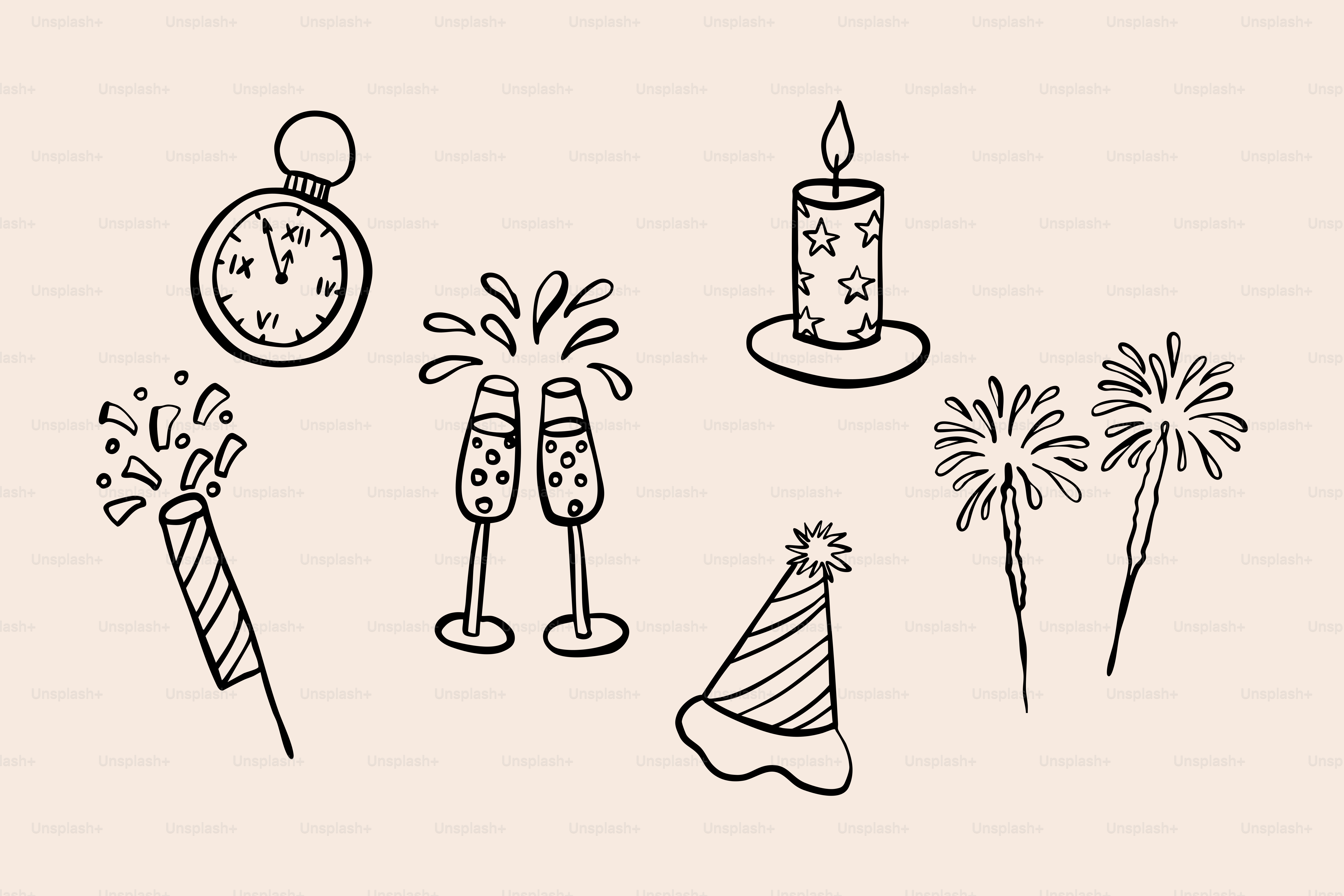 New year's eve celebration elements: clock, champagne, candle, fireworks.