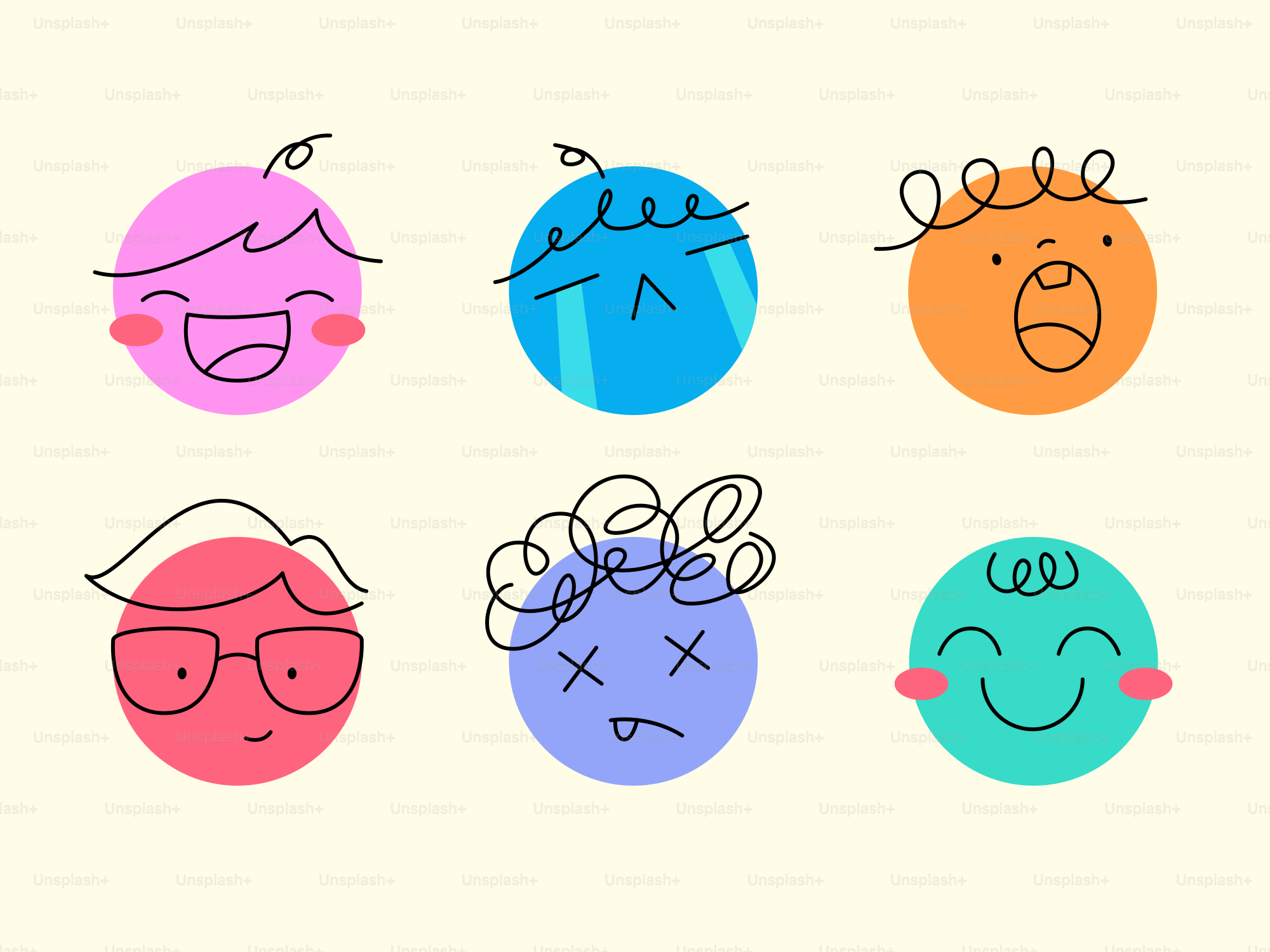 Six colorful circles with drawn faces showing emotions