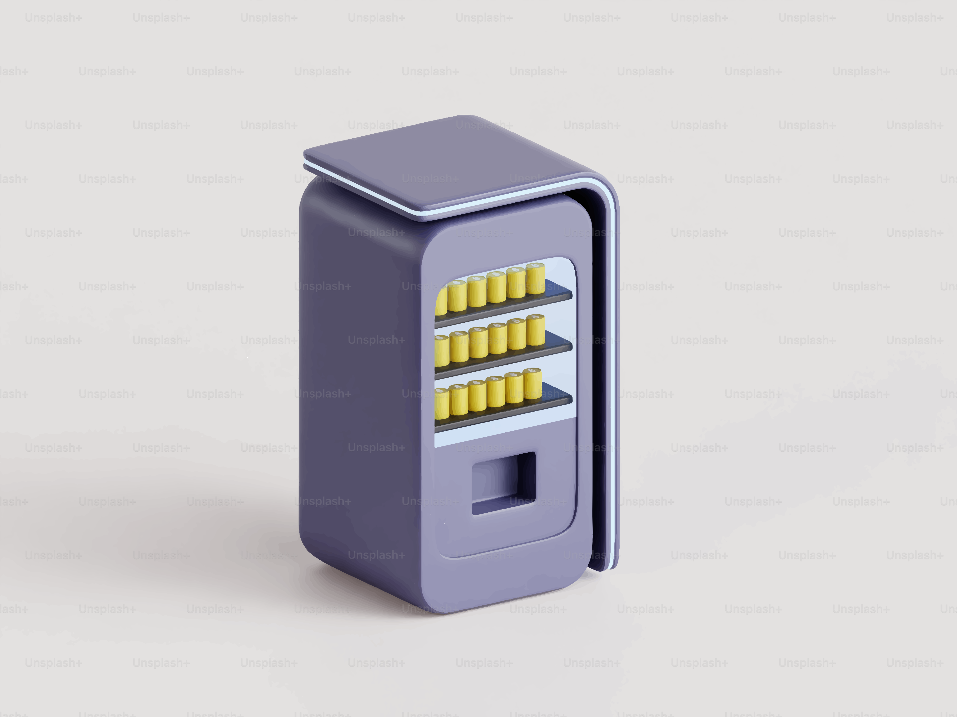 A purple vending machine filled with yellow cans.