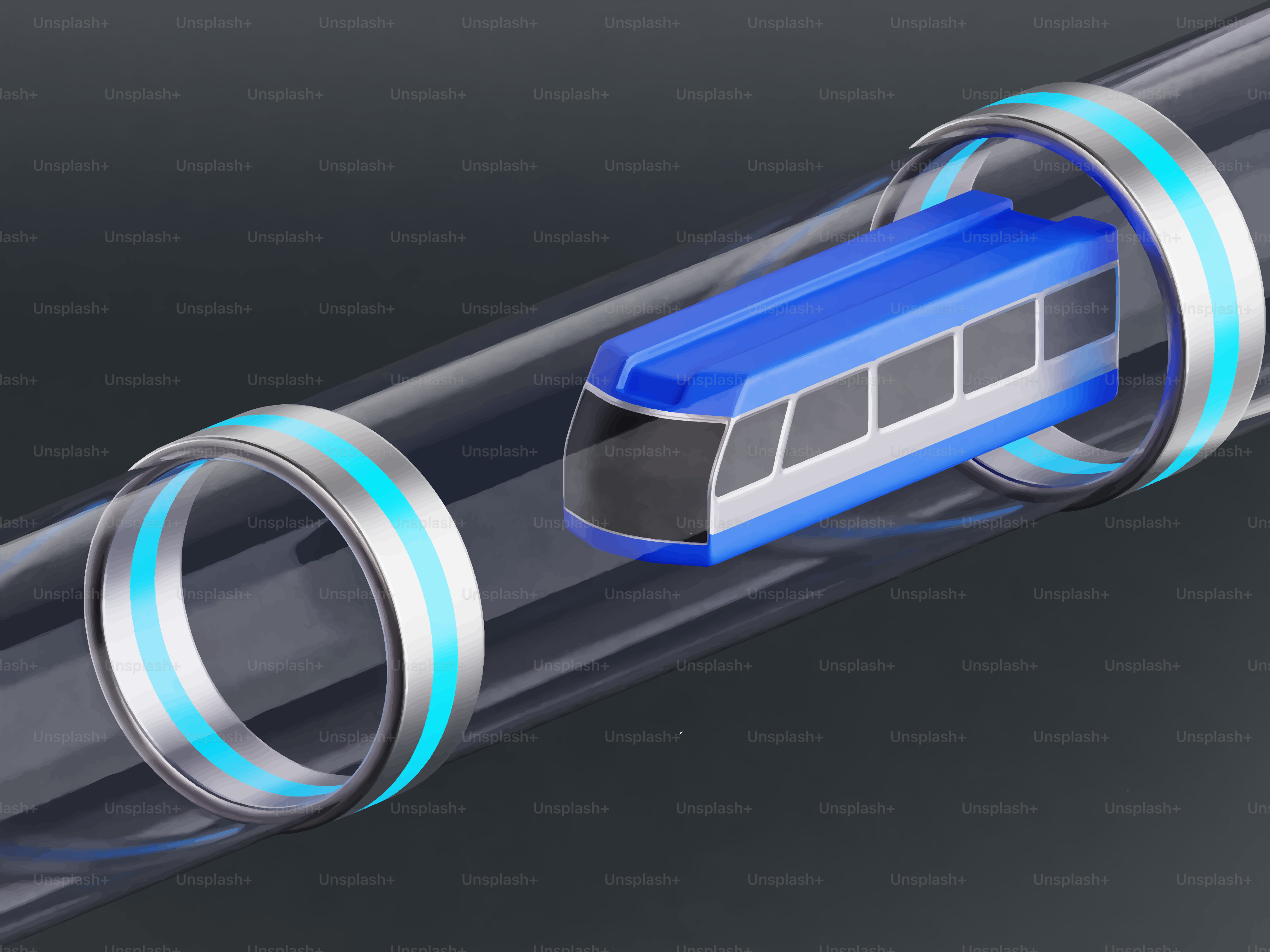 Futuristic blue train traveling through a transparent tube.