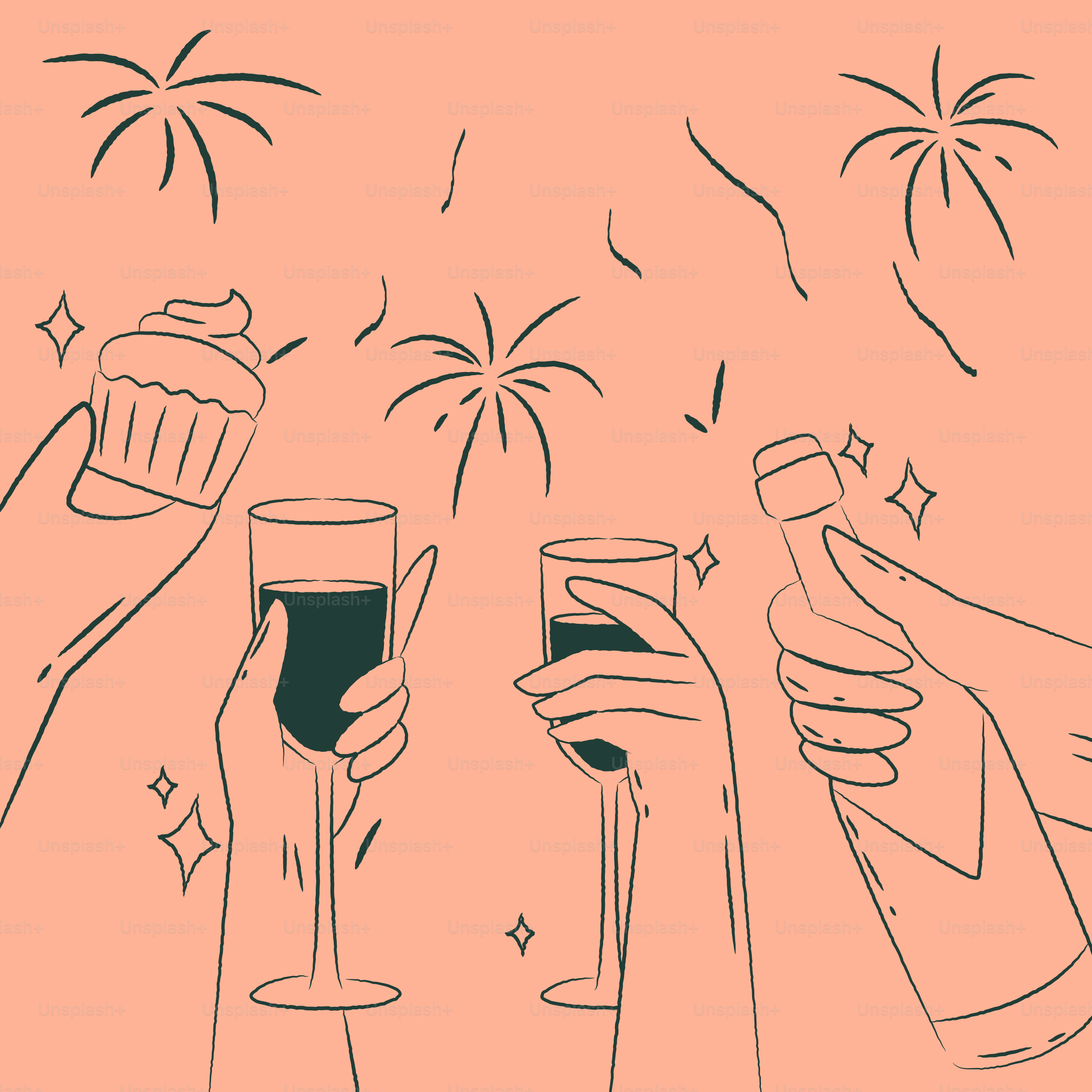 Hands holding champagne, cupcake, and bottle with fireworks.