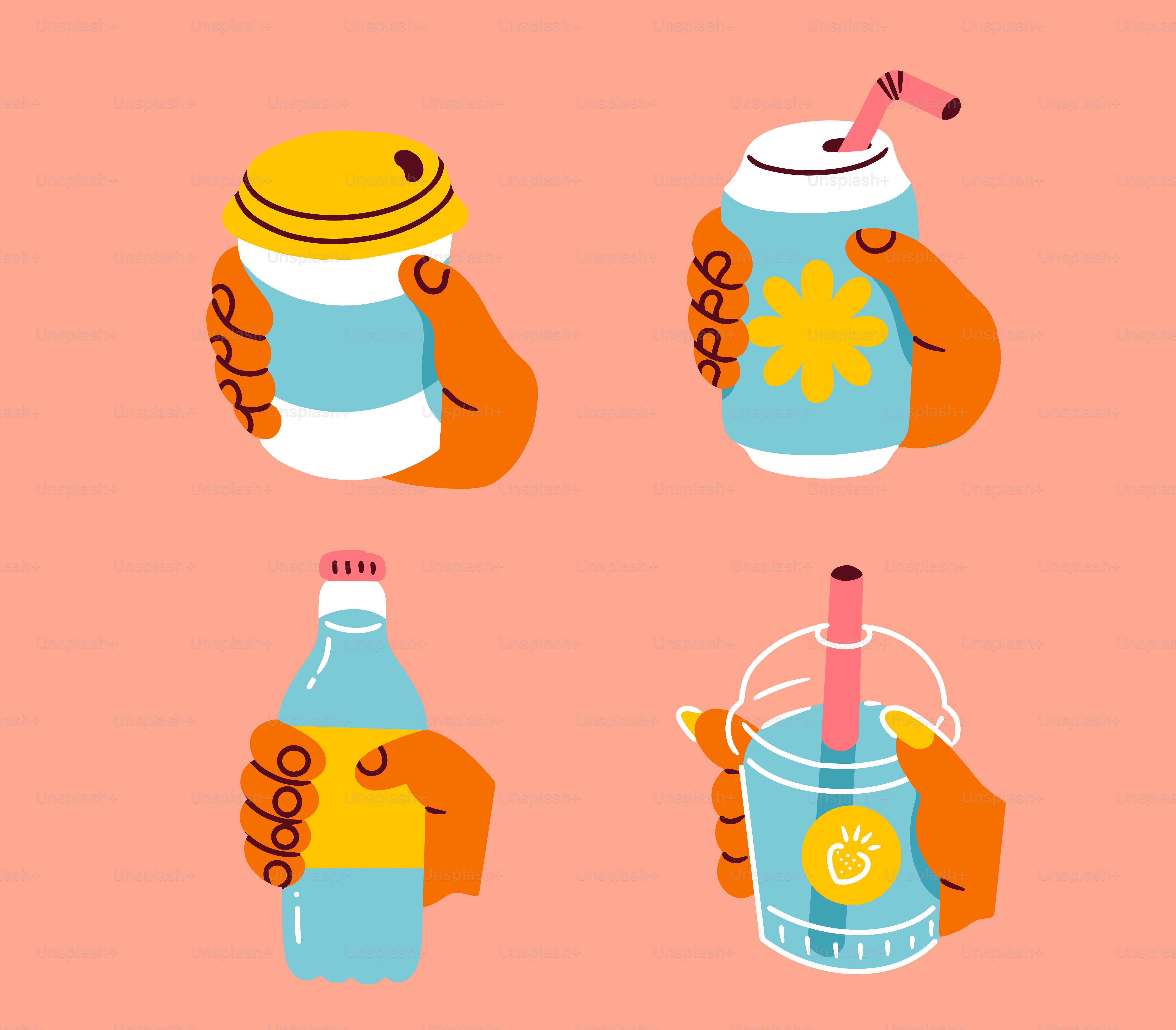 Four hands holding different drinks on pink background