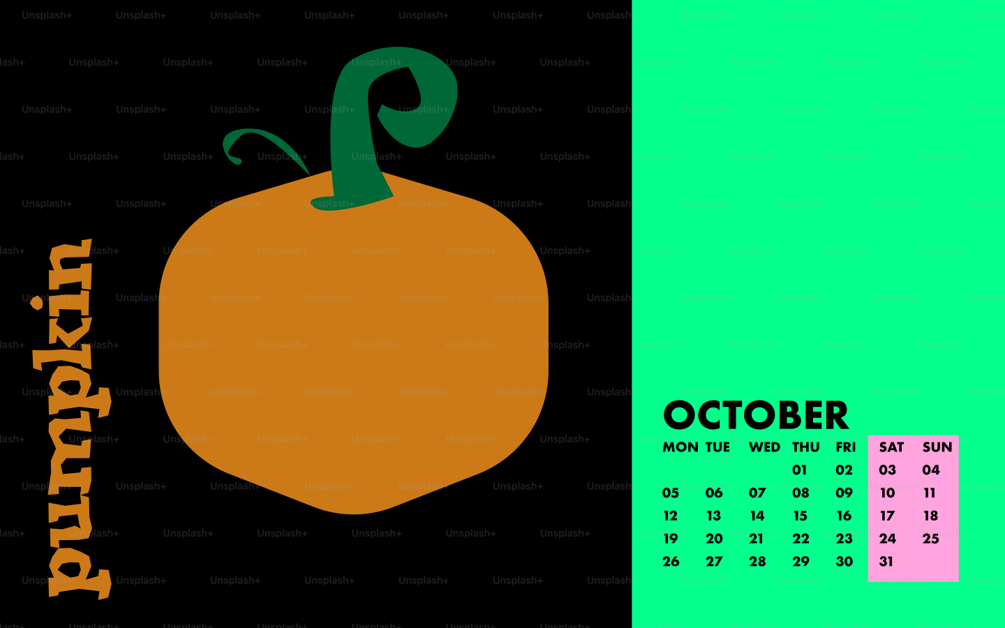 Orangefarbener Kürbis mit dem Wort Kürbis und Oktoberkalender.