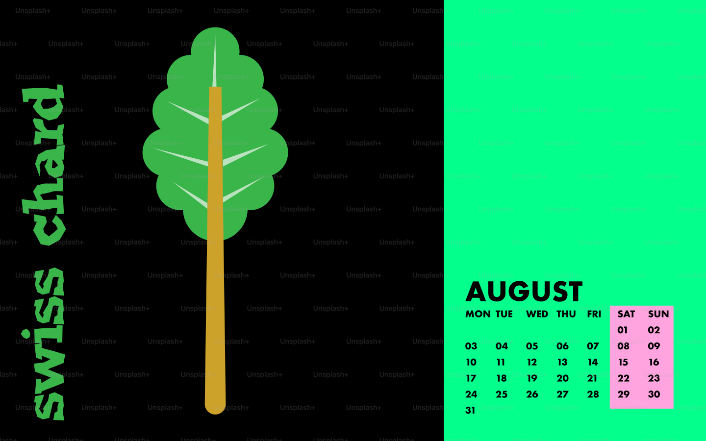 Swiss chard calendar with tree and august dates