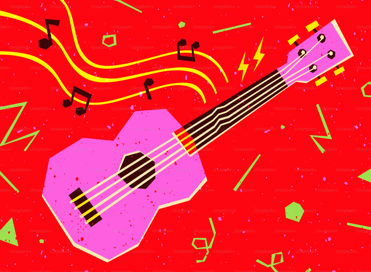 A pink ukulele with musical notes and lightning bolts