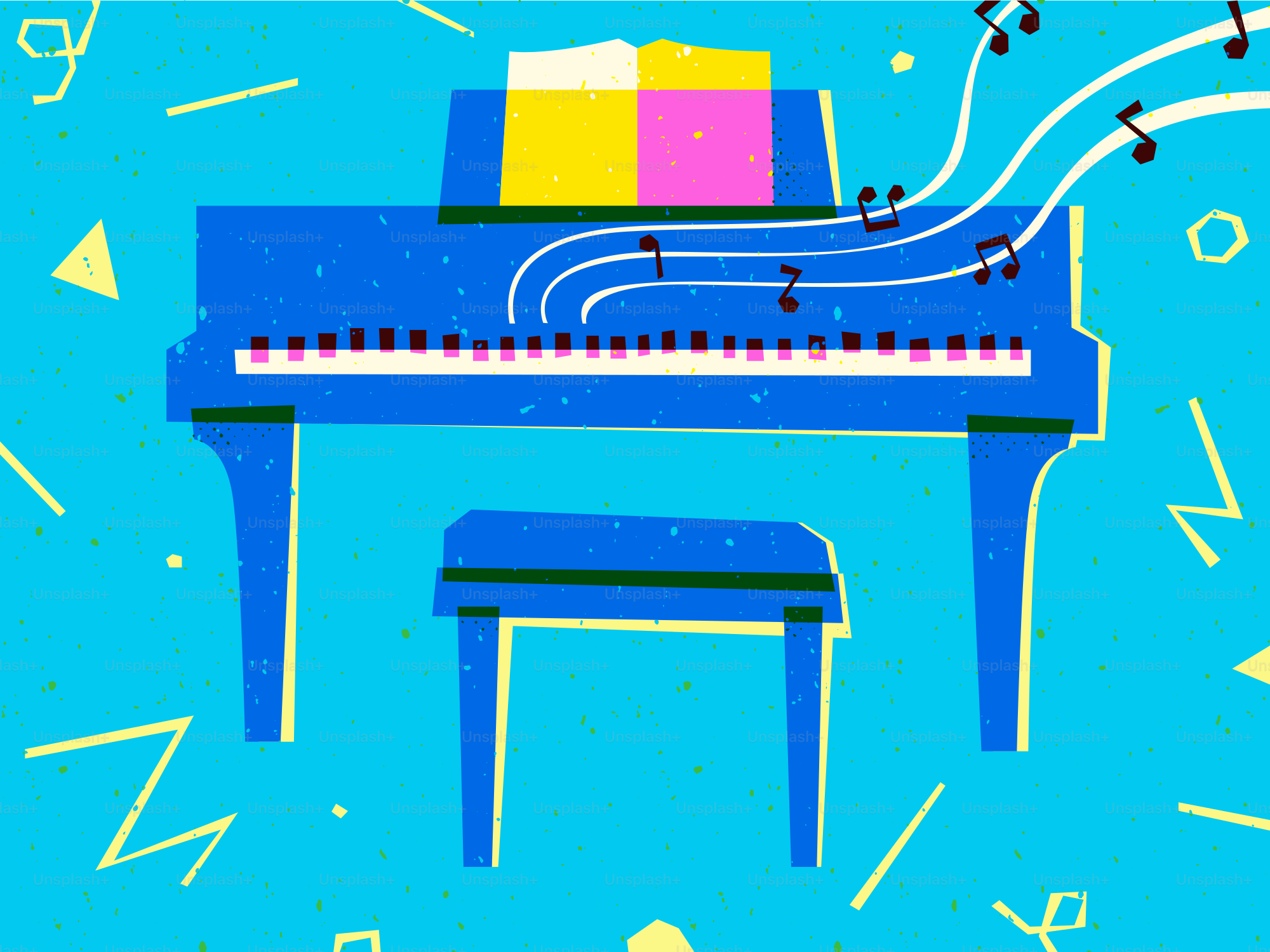 Un piano de cola azul con notas musicales.