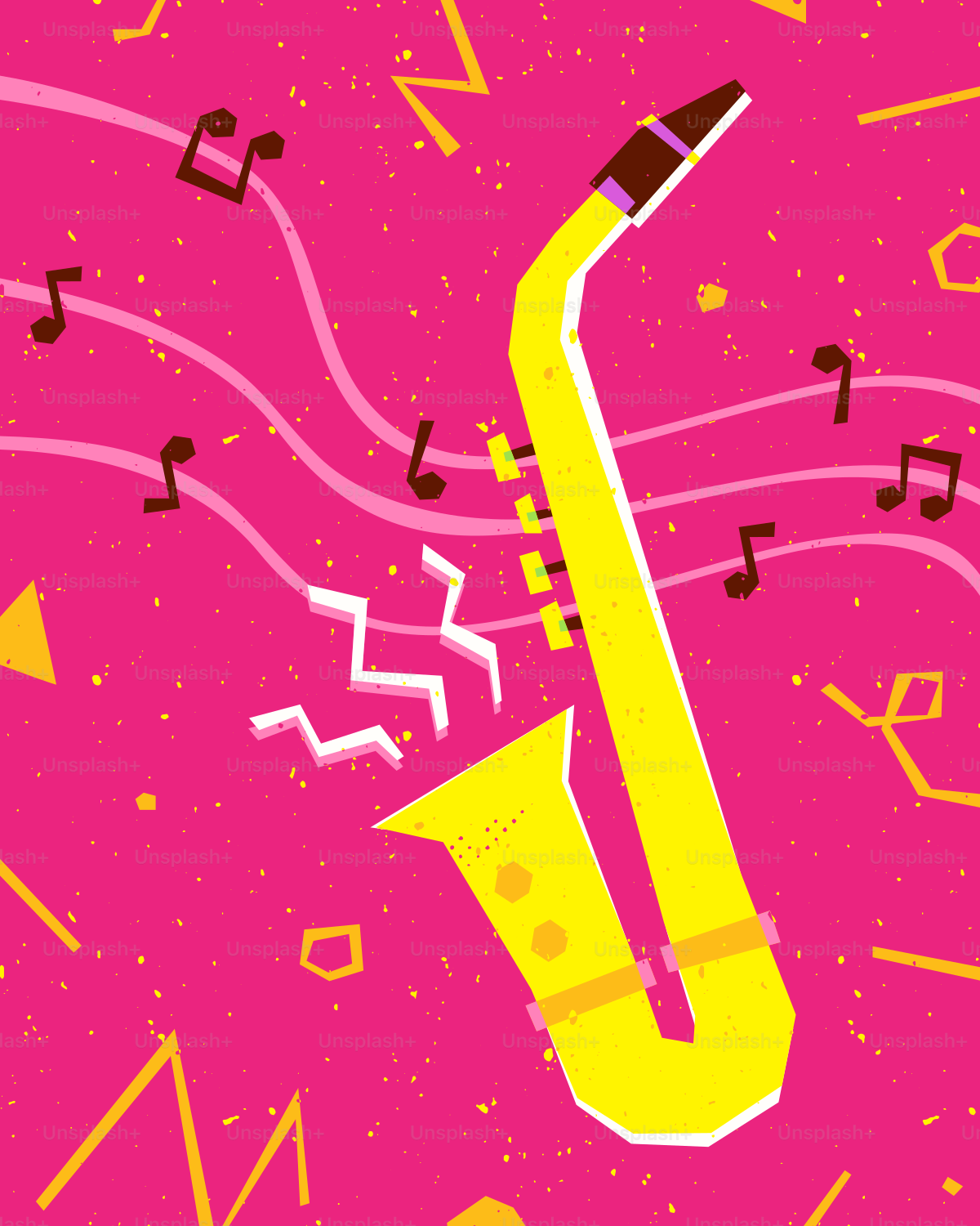 A yellow saxophone with musical notes on pink background