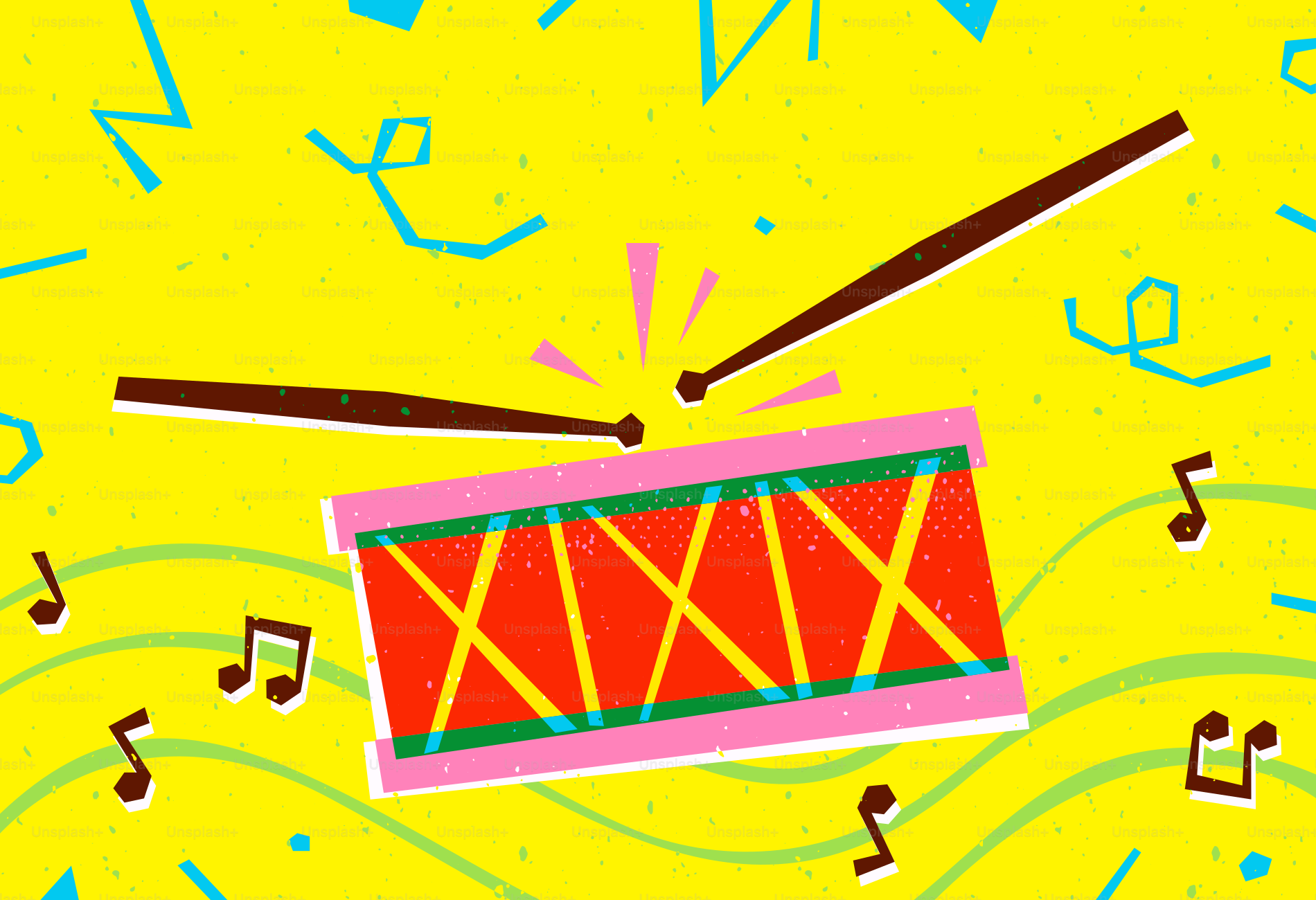 Drum and drumsticks with musical notes