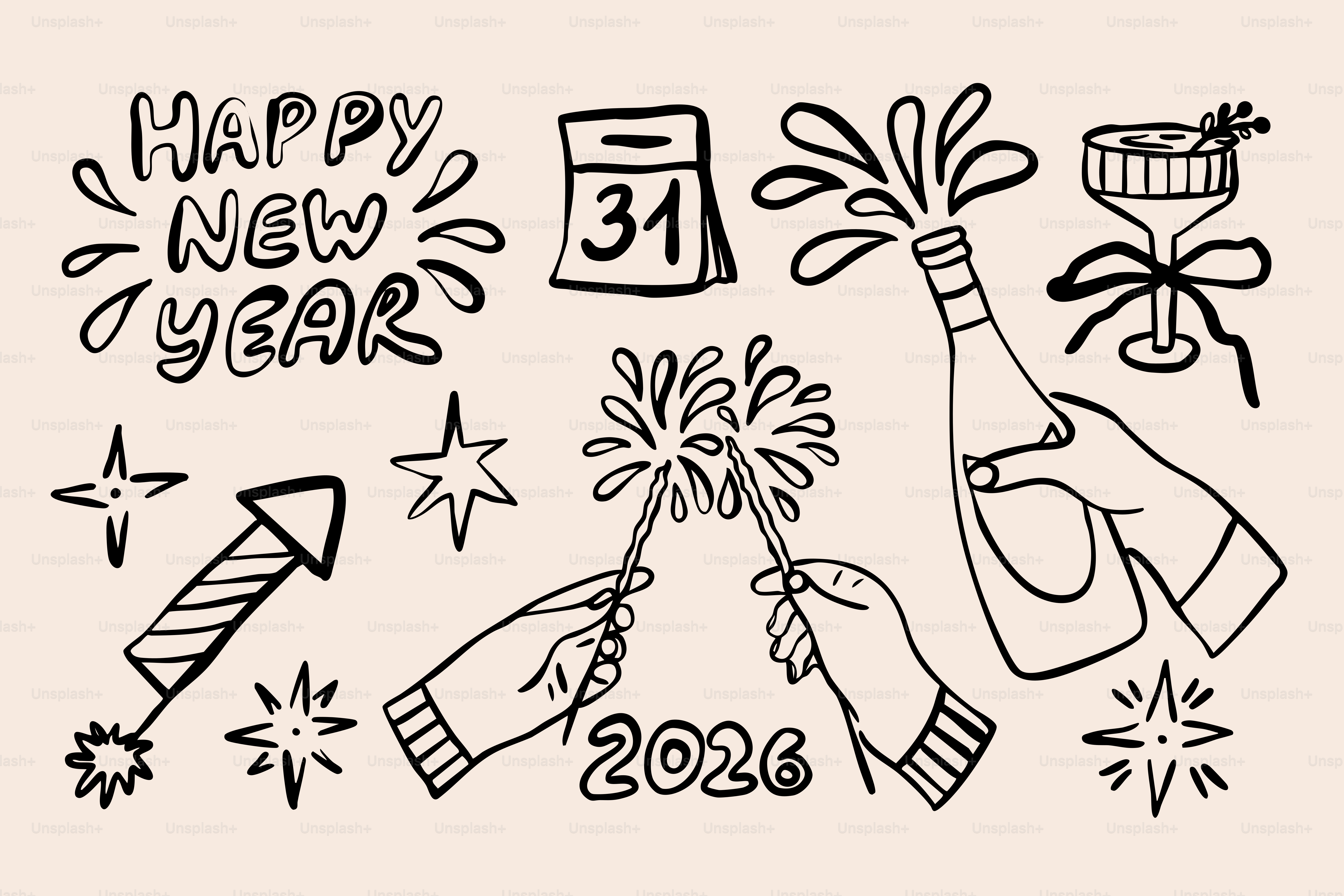 Happy new year celebration with fireworks and champagne.