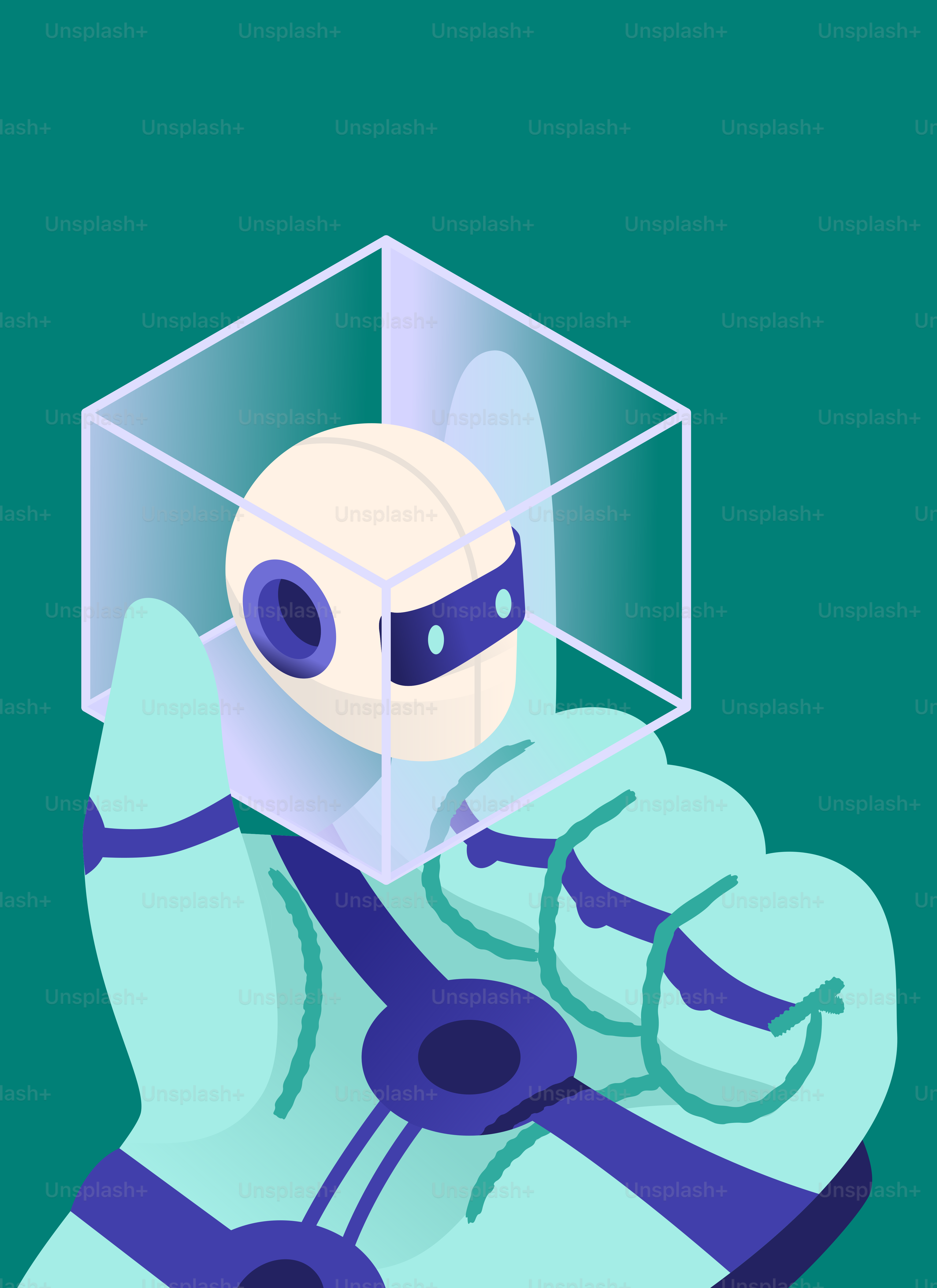 Robot hand holding a robot head in a cube.