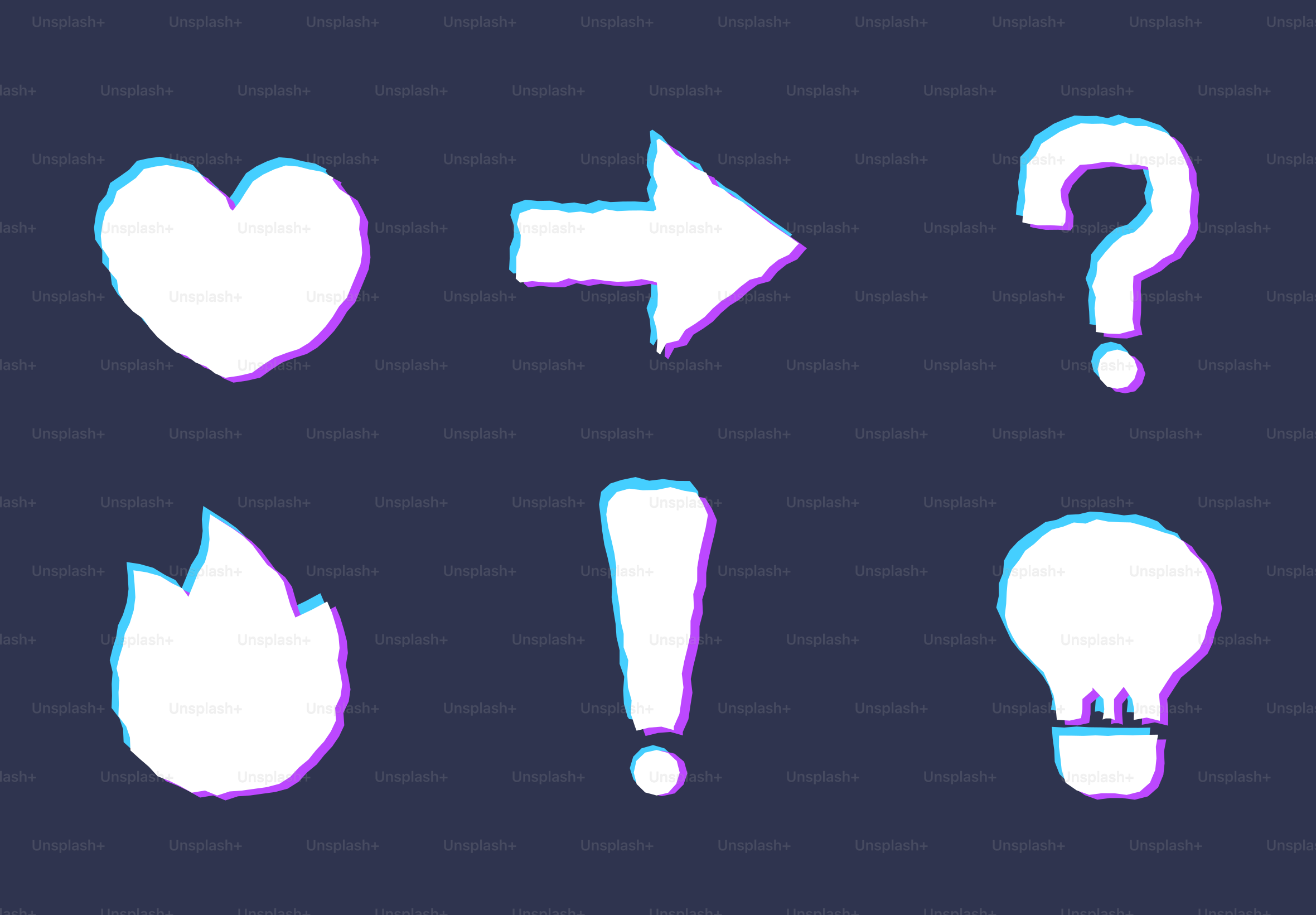 Six white icons with glitch effect on dark background