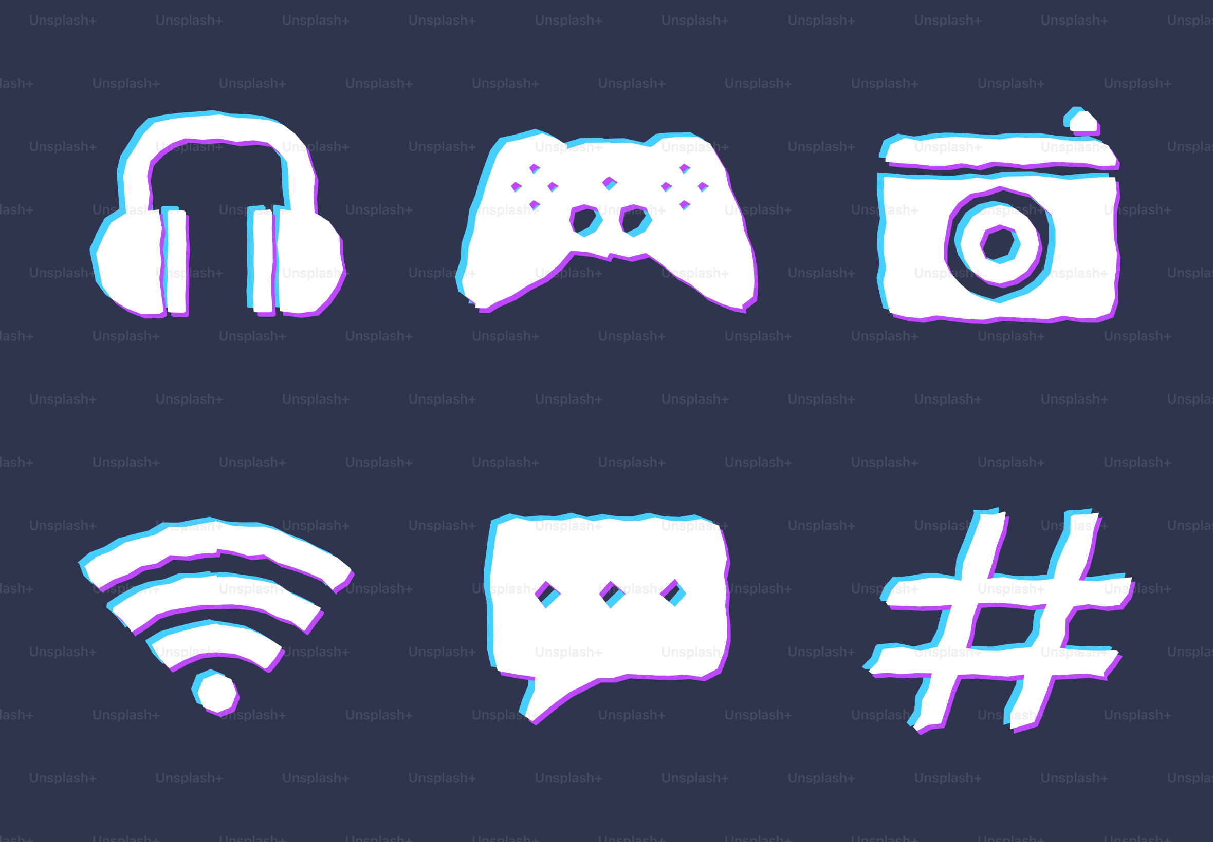 Six white glitch icons on dark blue background