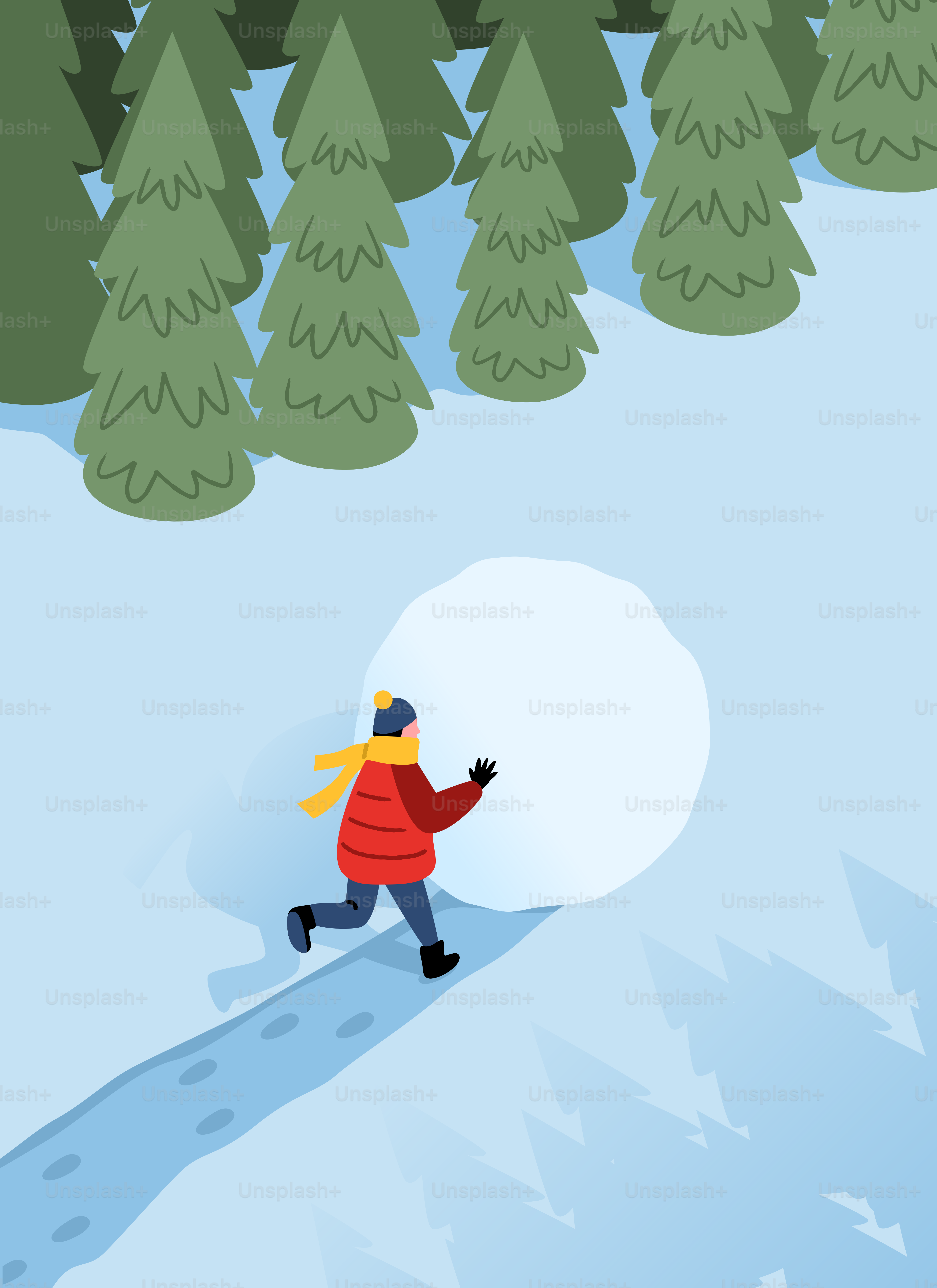 Person rolling a giant snowball through a snowy forest