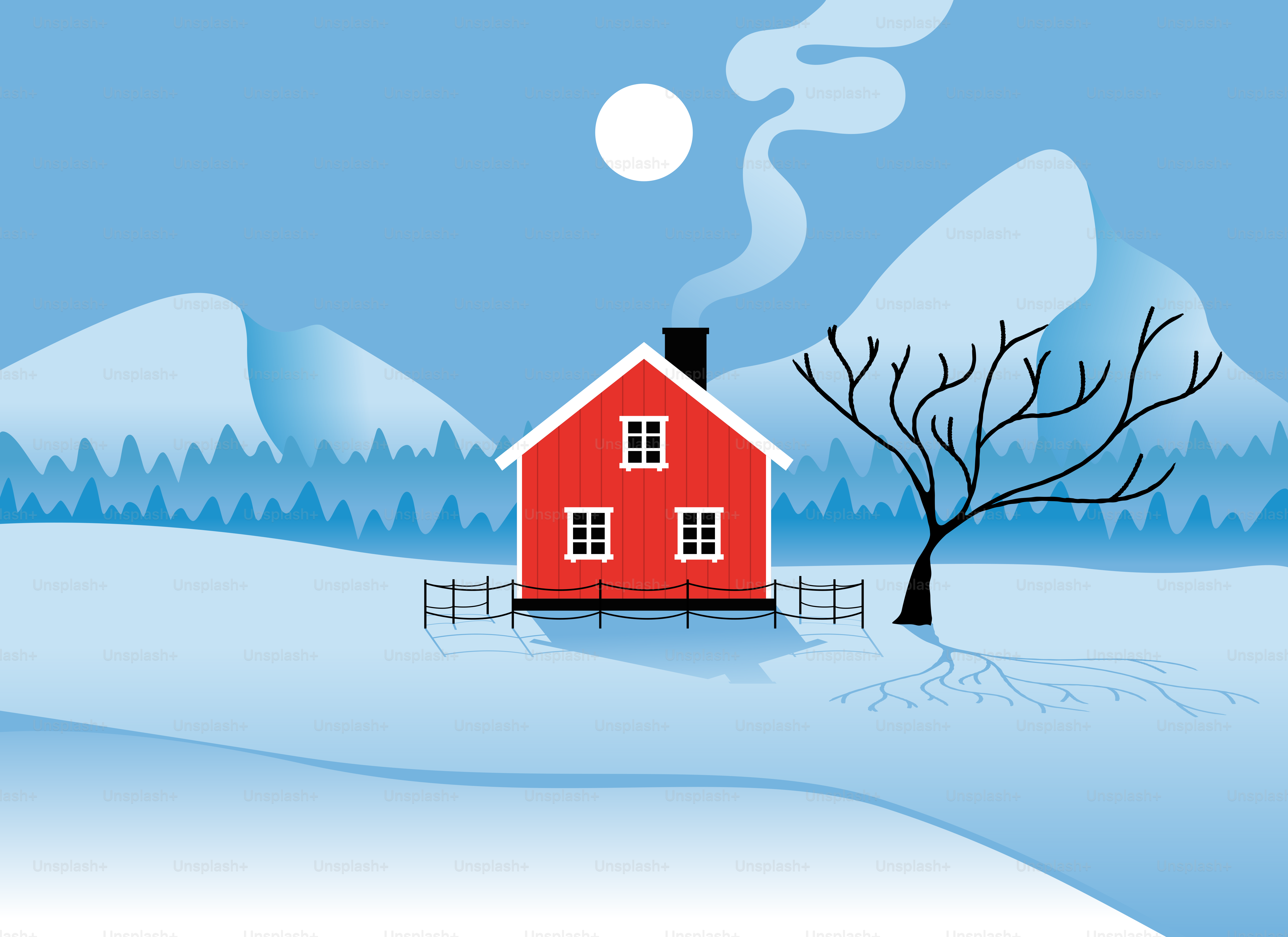 Une maison rouge dans un paysage enneigé avec des montagnes.