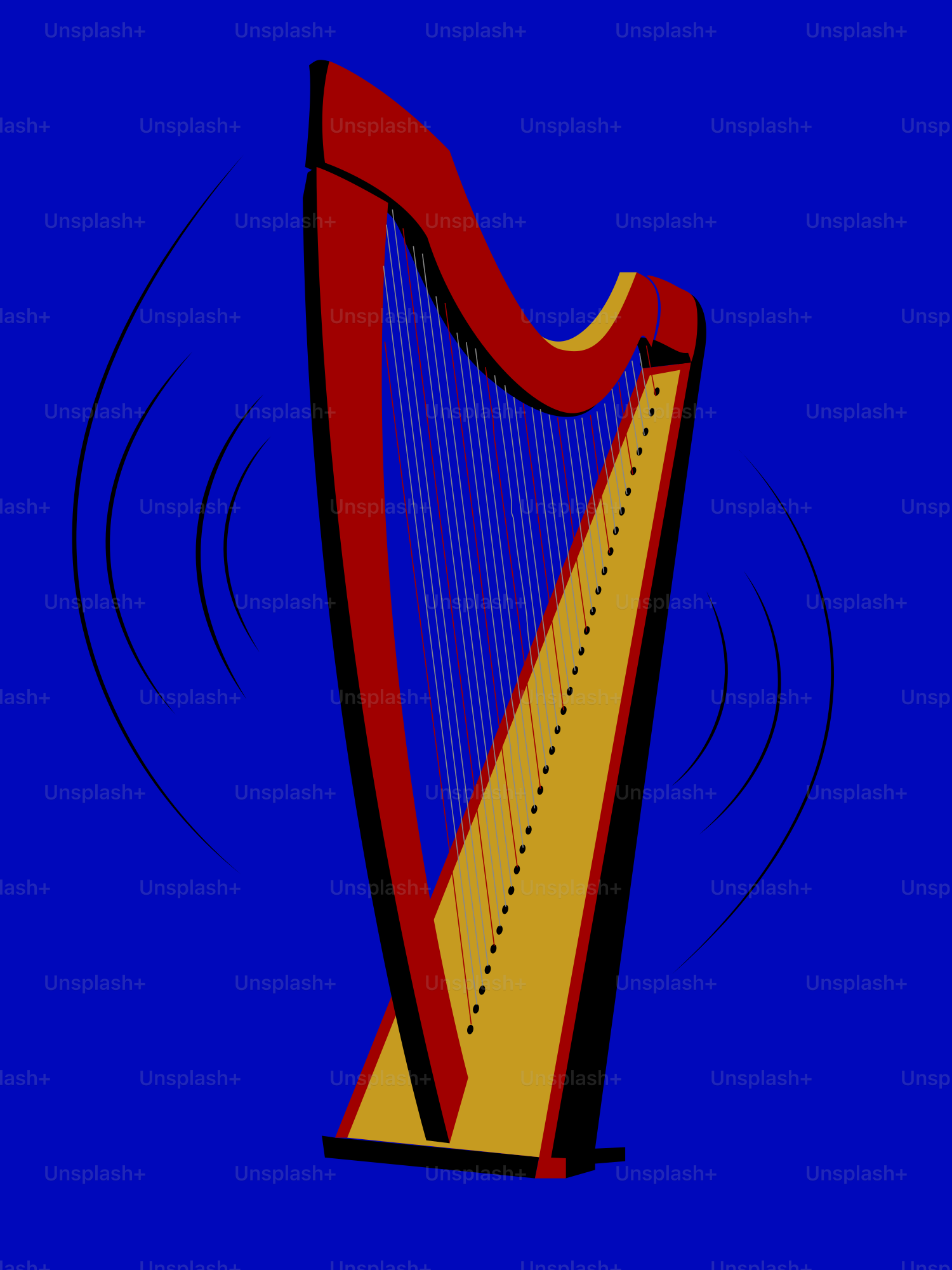 Red and gold harp with blue strings on blue
