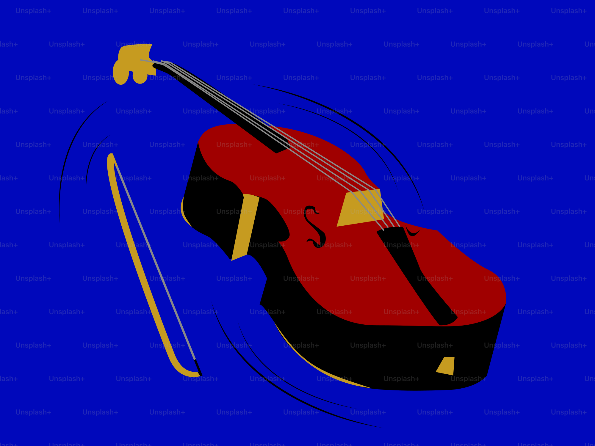 A red cello and bow on a blue background