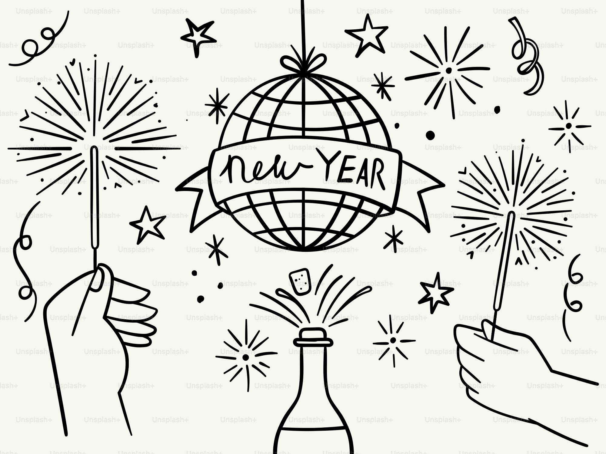 Festa di Capodanno con fuochi d'artificio e champagne.
