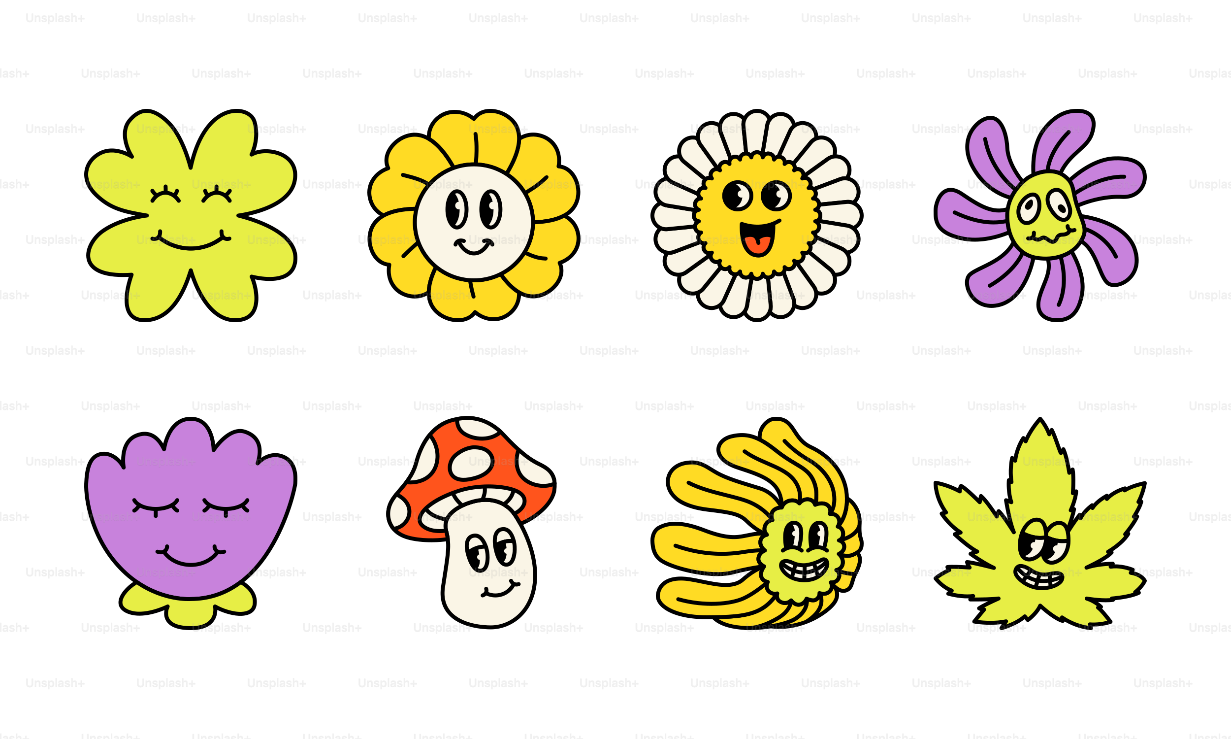 レトロな漫画の花、キノコ、葉のアイコンのコレクション