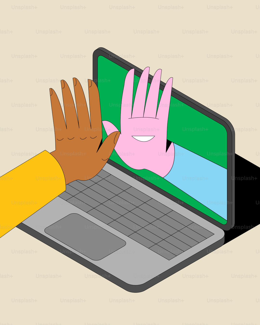 Hands reaching towards each other through a laptop screen.