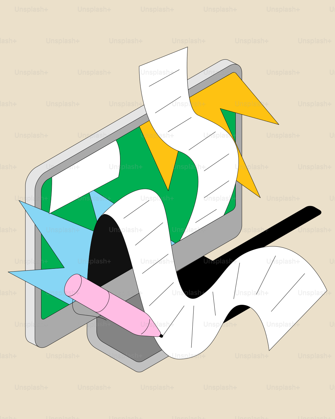 A computer screen with a long scroll and pencil. vector – Technology ...