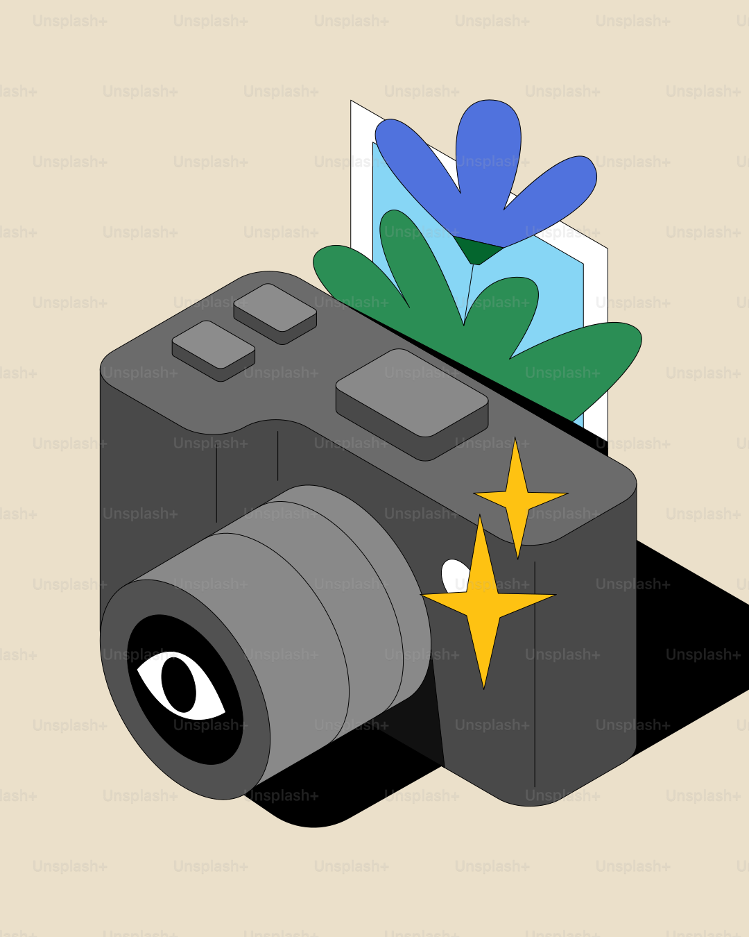 A stylized camera with a flower and leaf