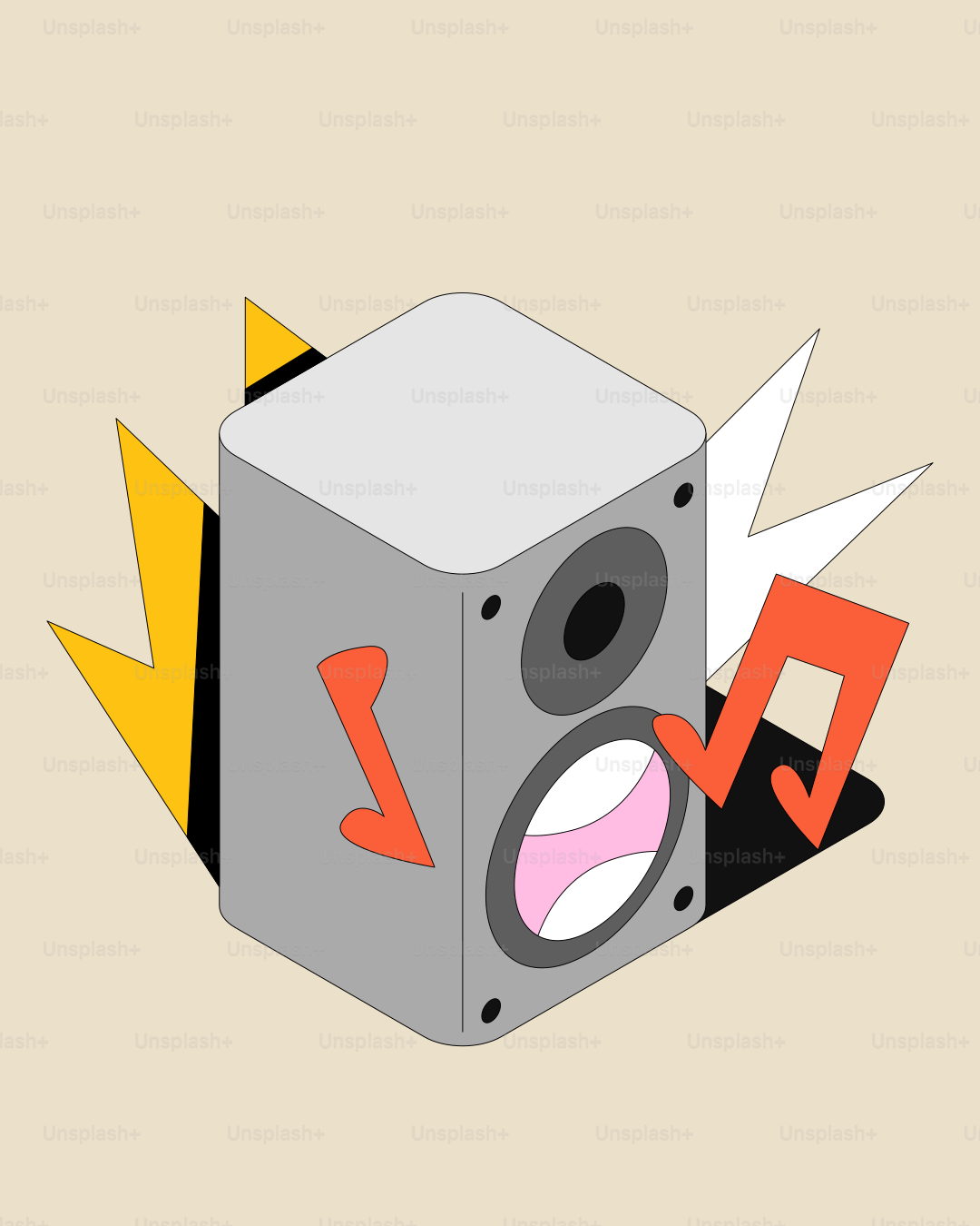 A speaker with musical notes and abstract shapes
