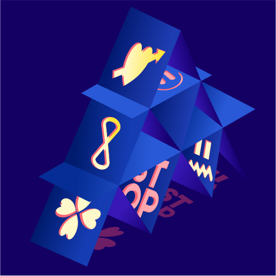 Blue abstract structure with symbols and text.