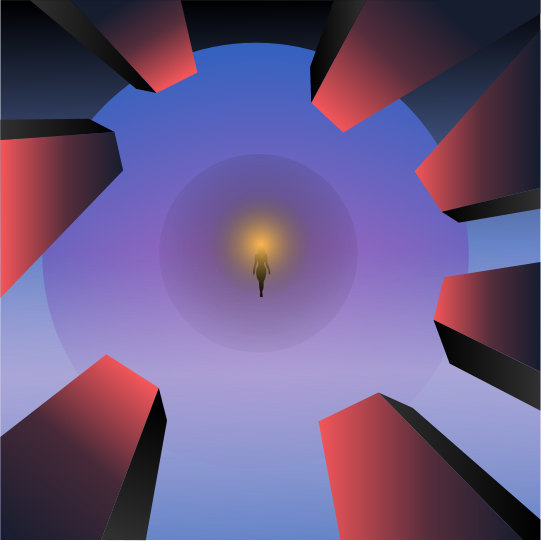 A solitary figure stands beneath a glowing light.