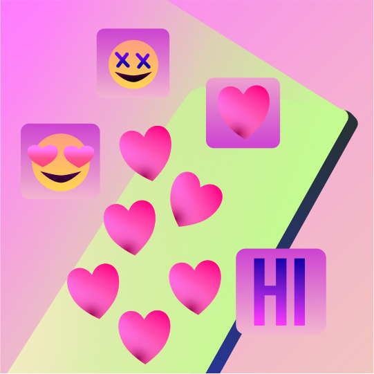 ピンクのハートや絵文字が電話の画面の周りに浮かんでいる。