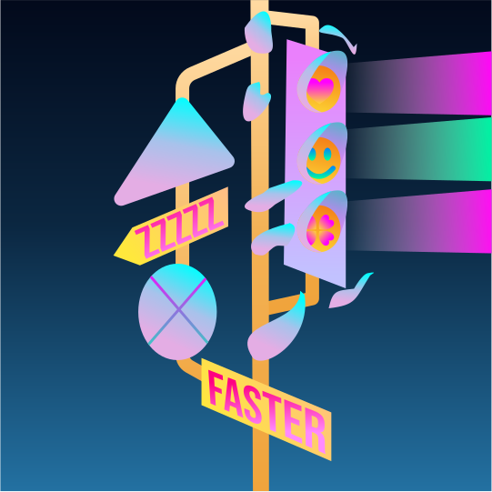 A traffic light with faces and colorful lights