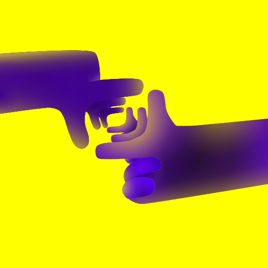 Zwei lila Hände, die Fingerpistolen auf gelbem Hintergrund herstellen