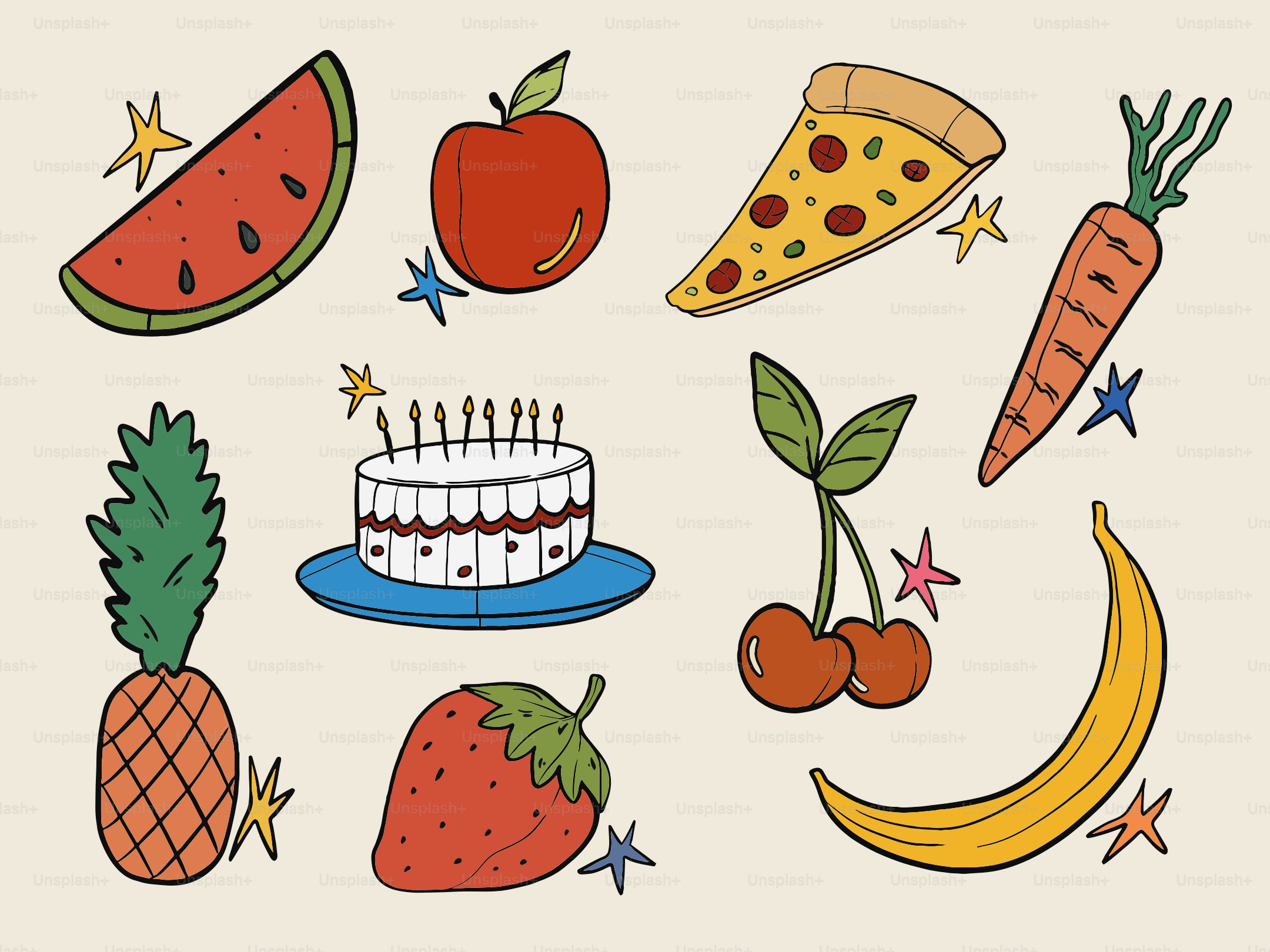Assortment of fruits, cake, pizza, and carrot.