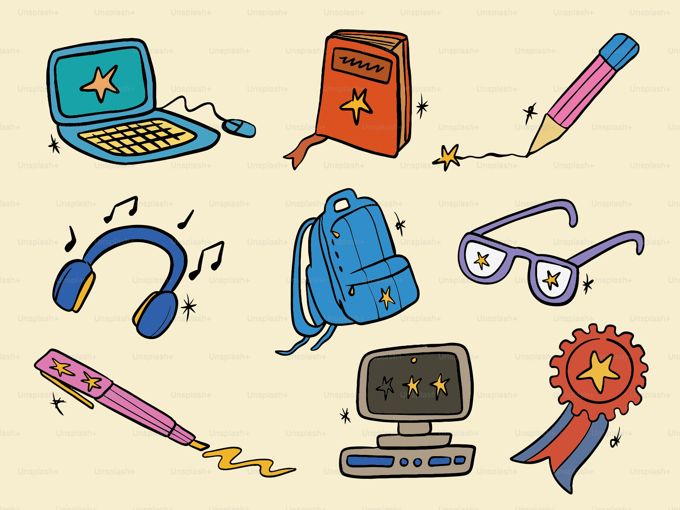 School supplies and learning items with stars