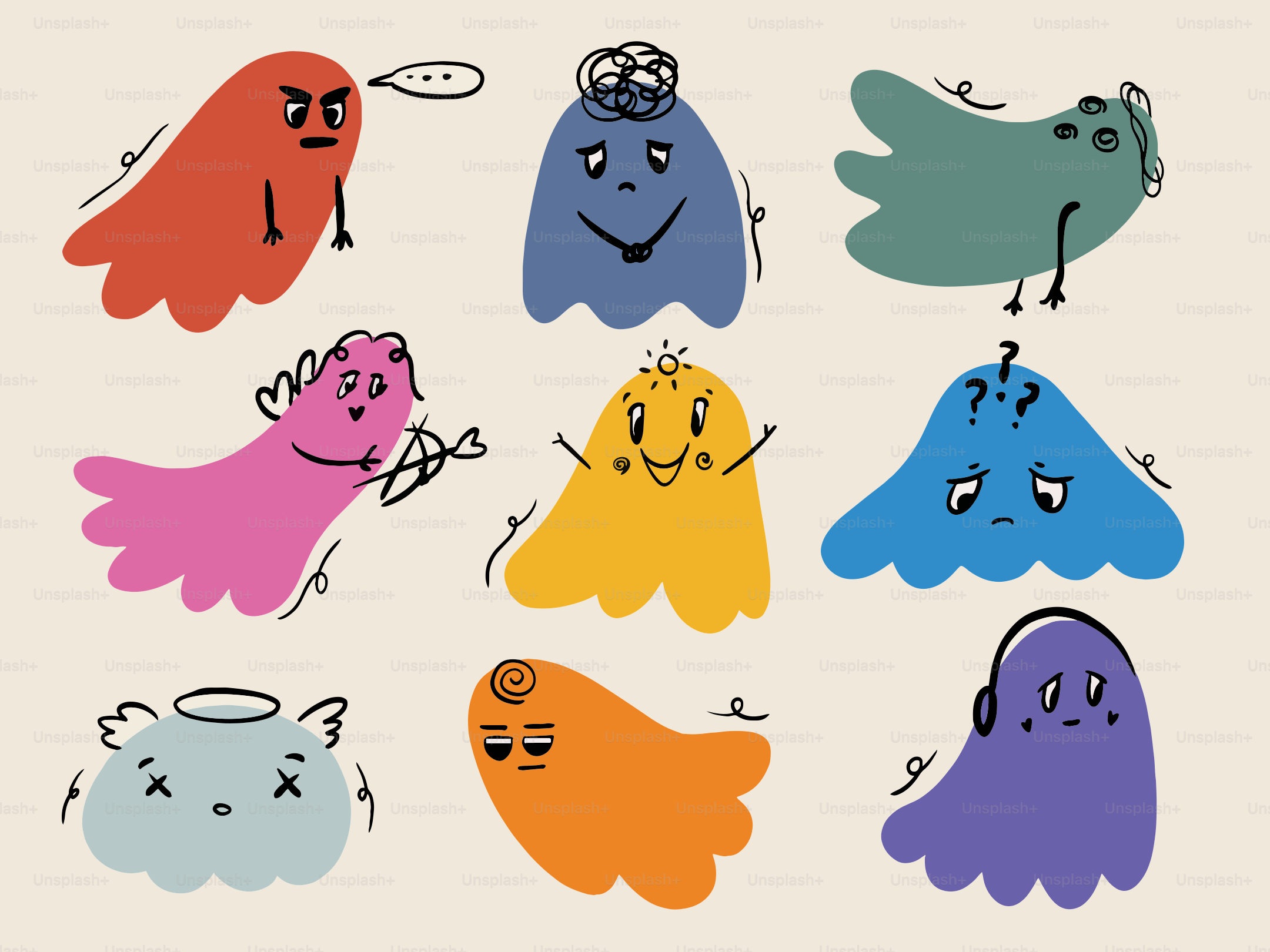 Collection of nine cartoon ghosts with different expressions
