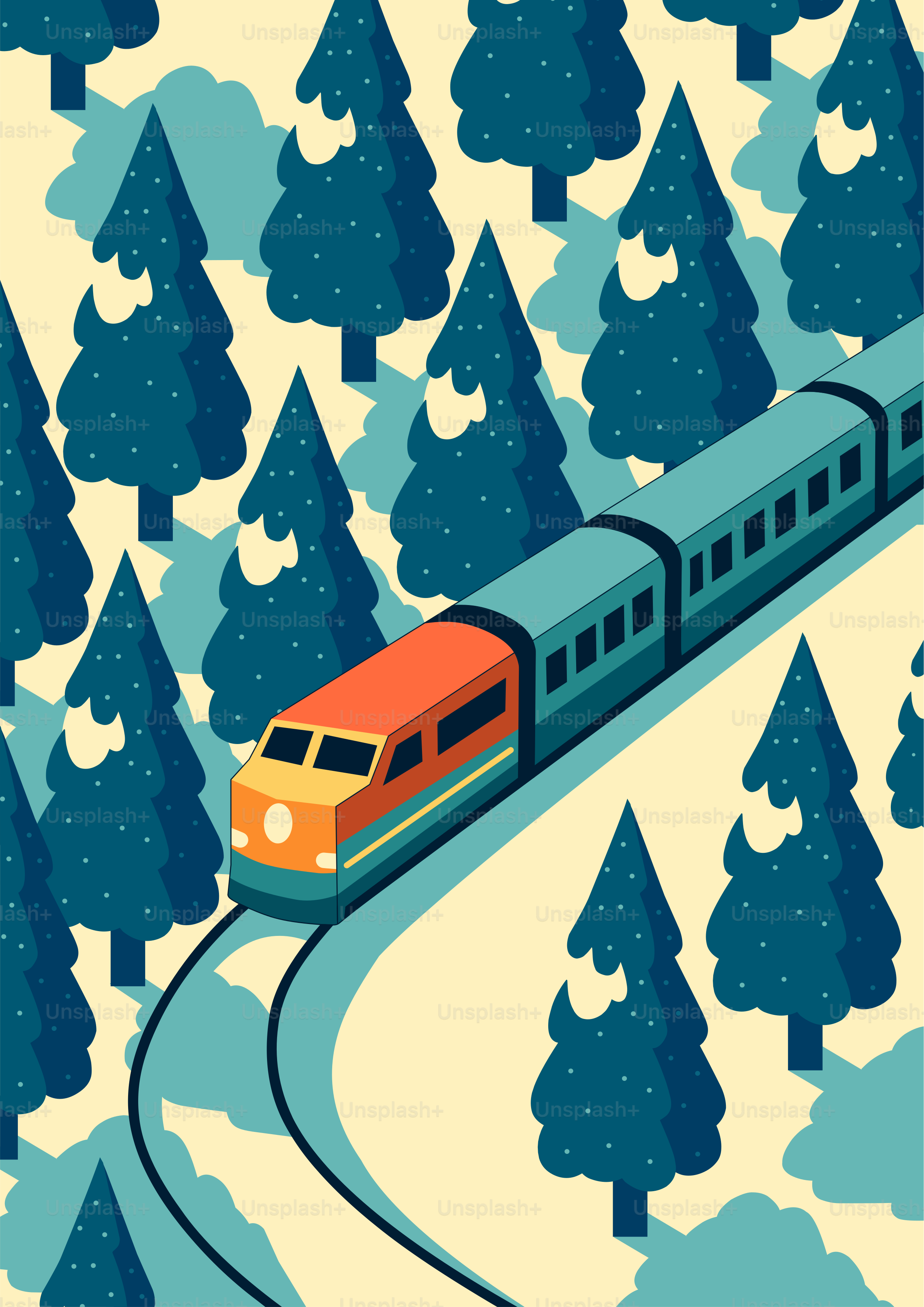 Train traveling through a snowy forest