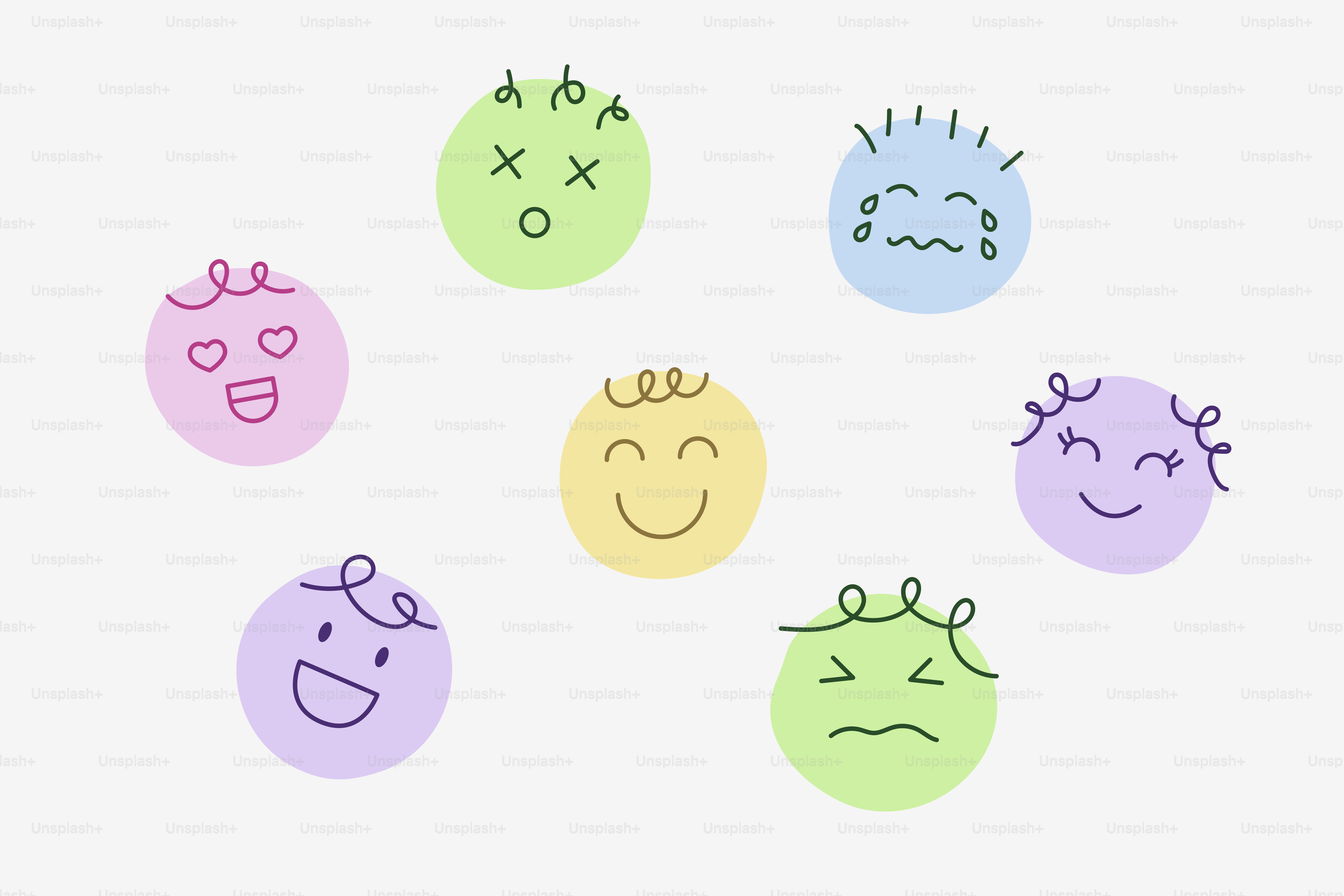 다양한 만화 얼굴들이 다양한 감정을 표현한다