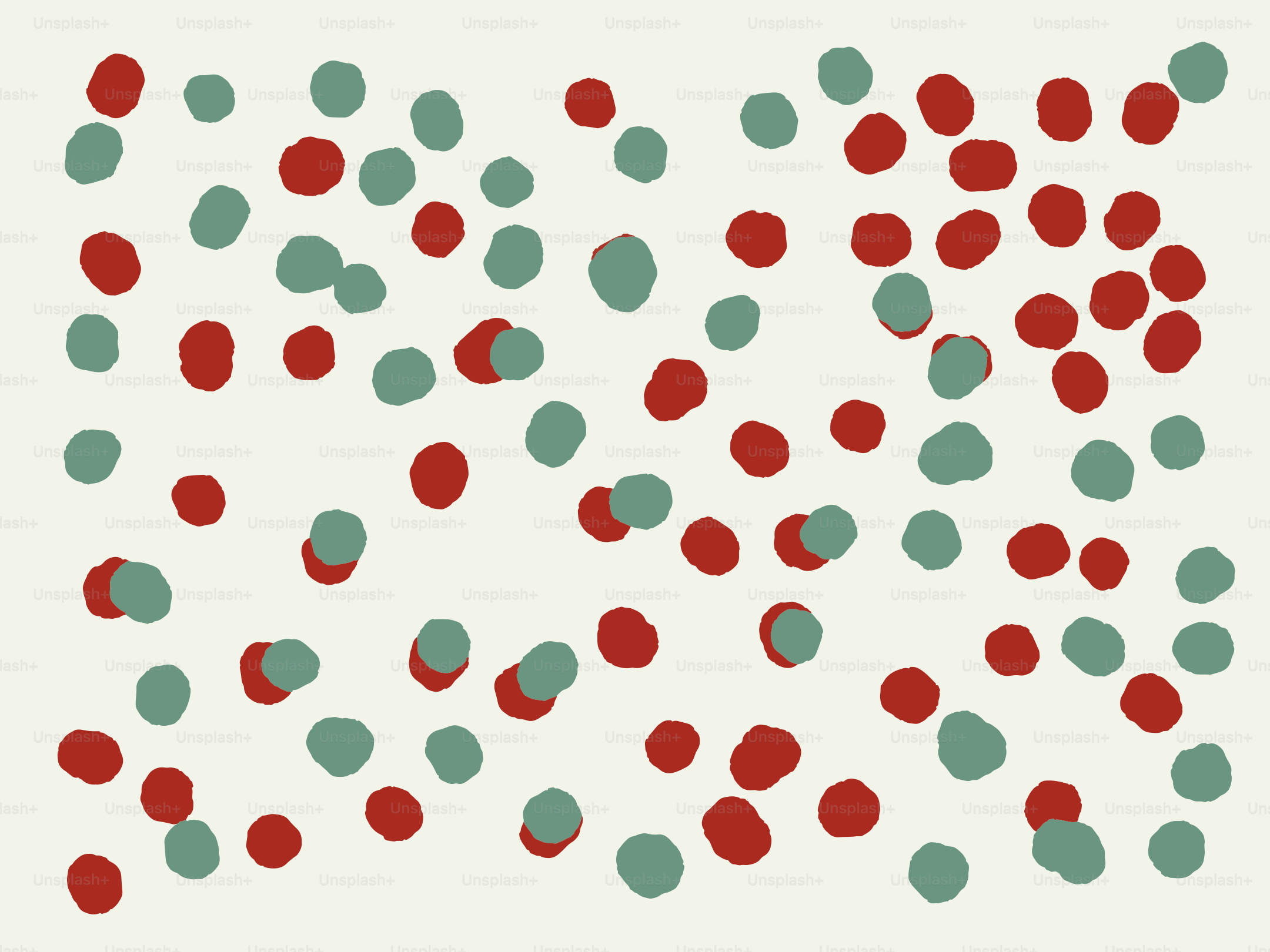 Scattered red and teal dots on a cream background.