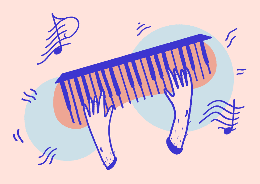 Hände, die auf einer Tastatur mit Musiknoten spielen.