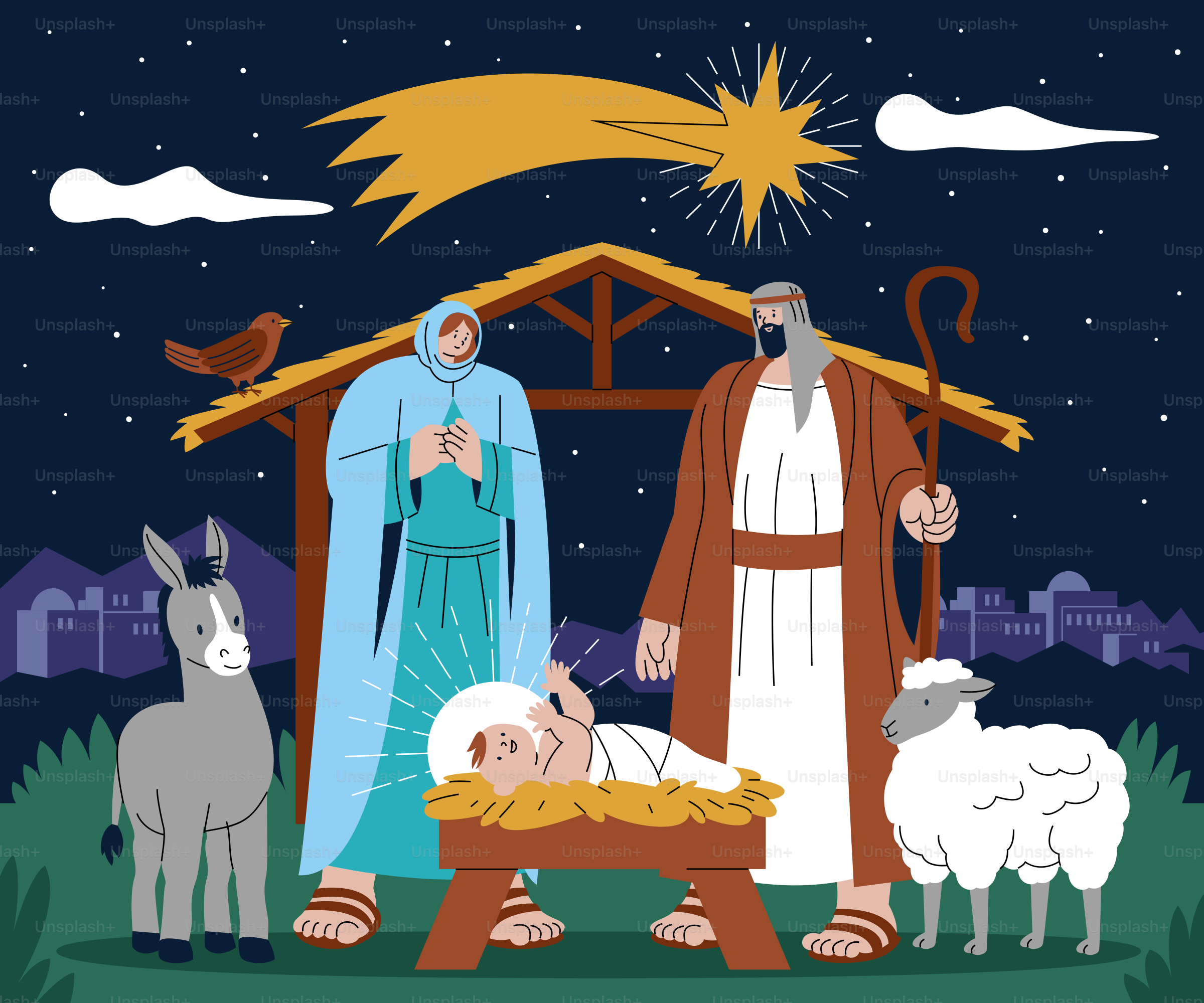Nativity scene with baby jesus, mary, joseph, donkey, sheep.