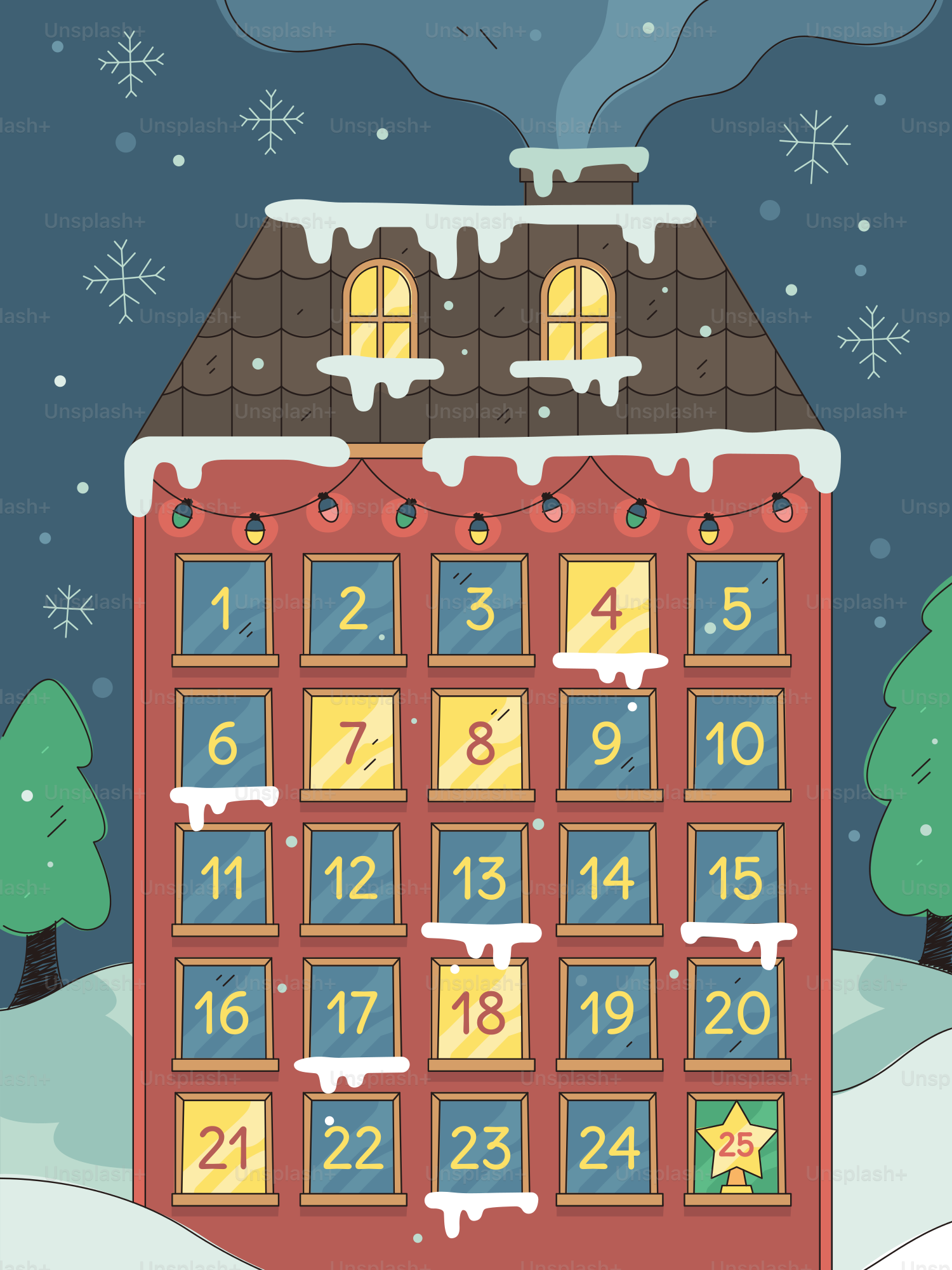 Christmas advent calendar house with numbered doors
