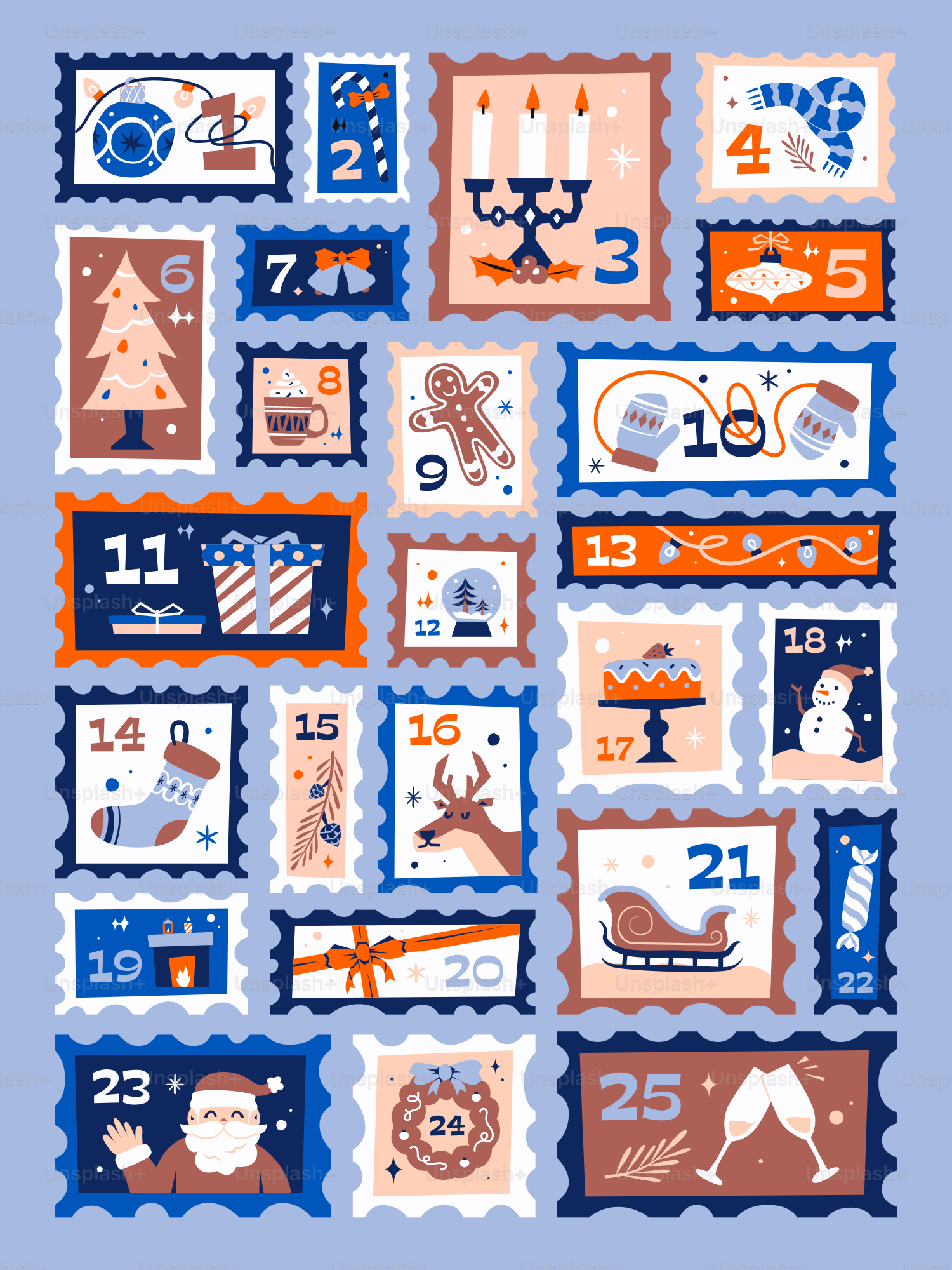 Weihnachts-Adventskalender mit nummerierten Stempeln