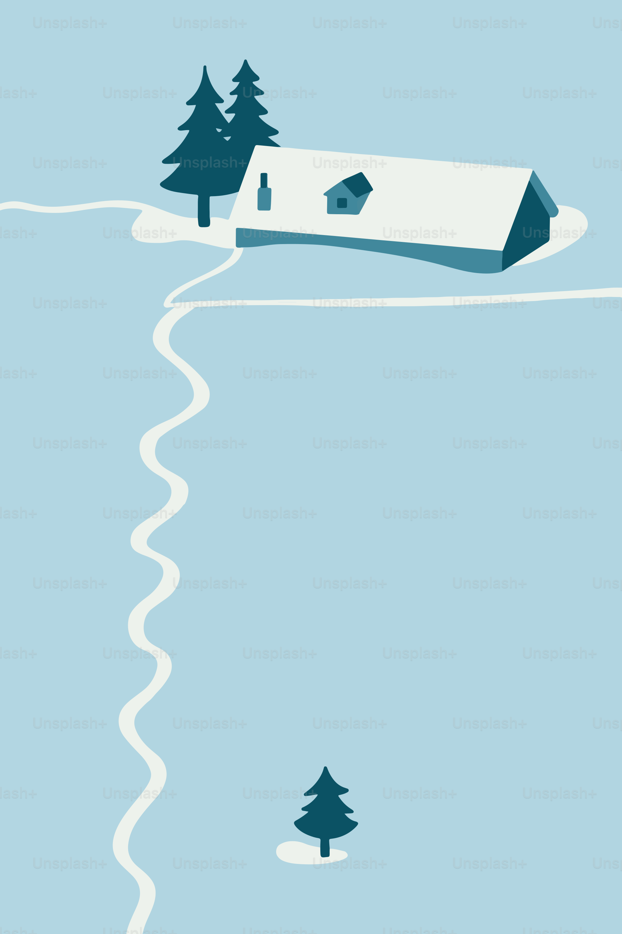 Snowy cabin with trees and winding path