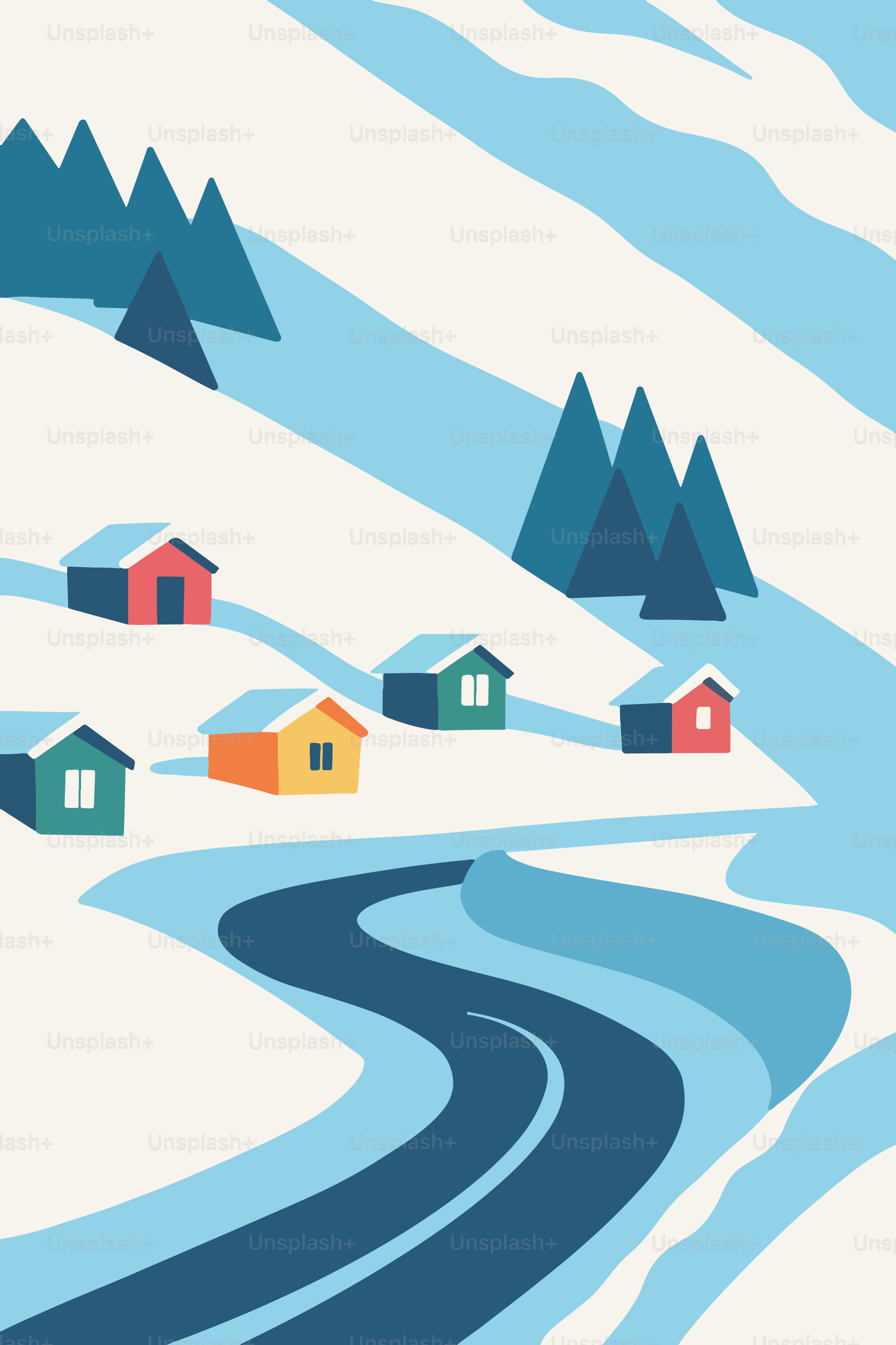Colorful houses on a snowy mountain landscape with road