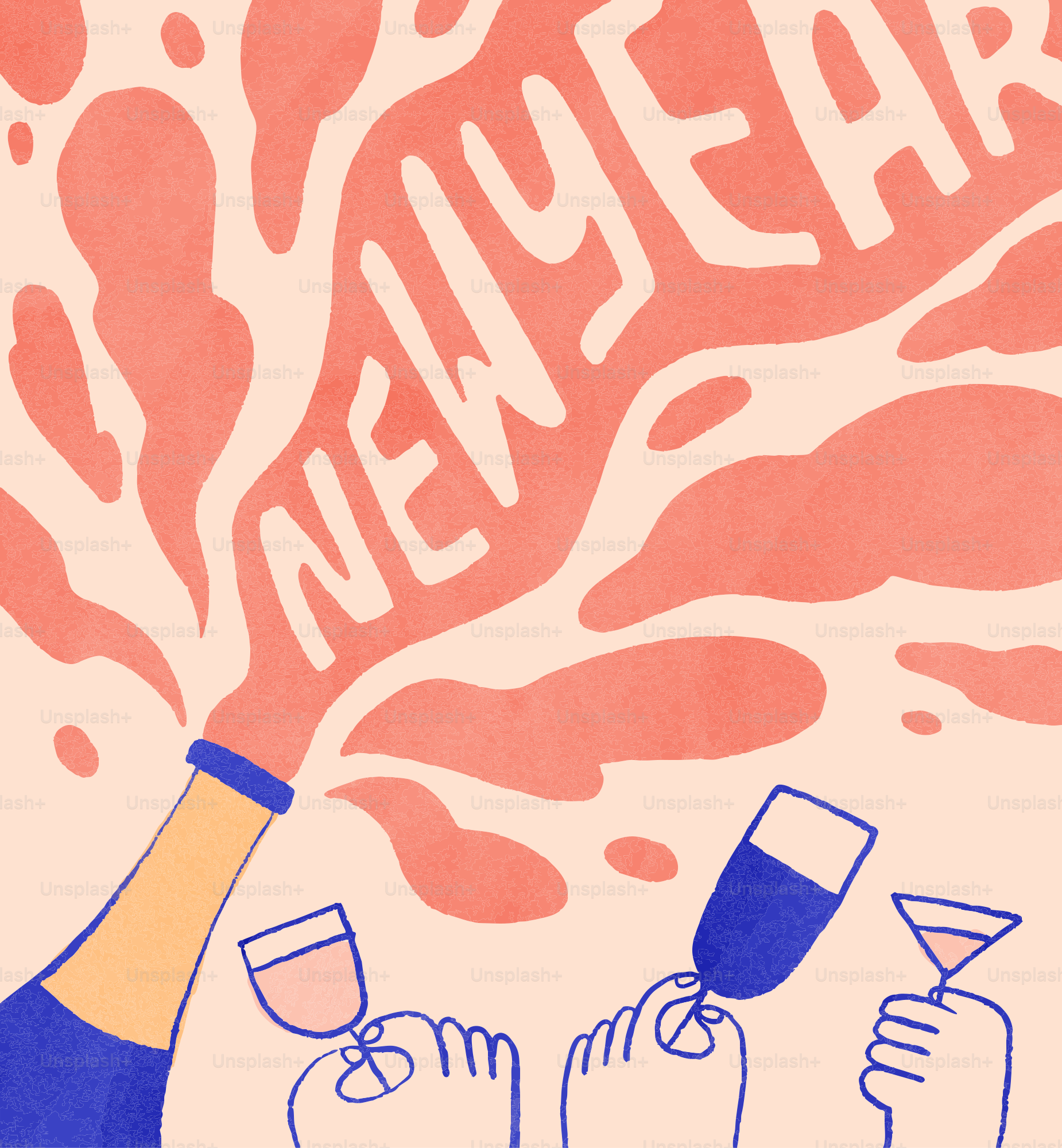 Bottiglia di champagne che esplode con il testo di Capodanno