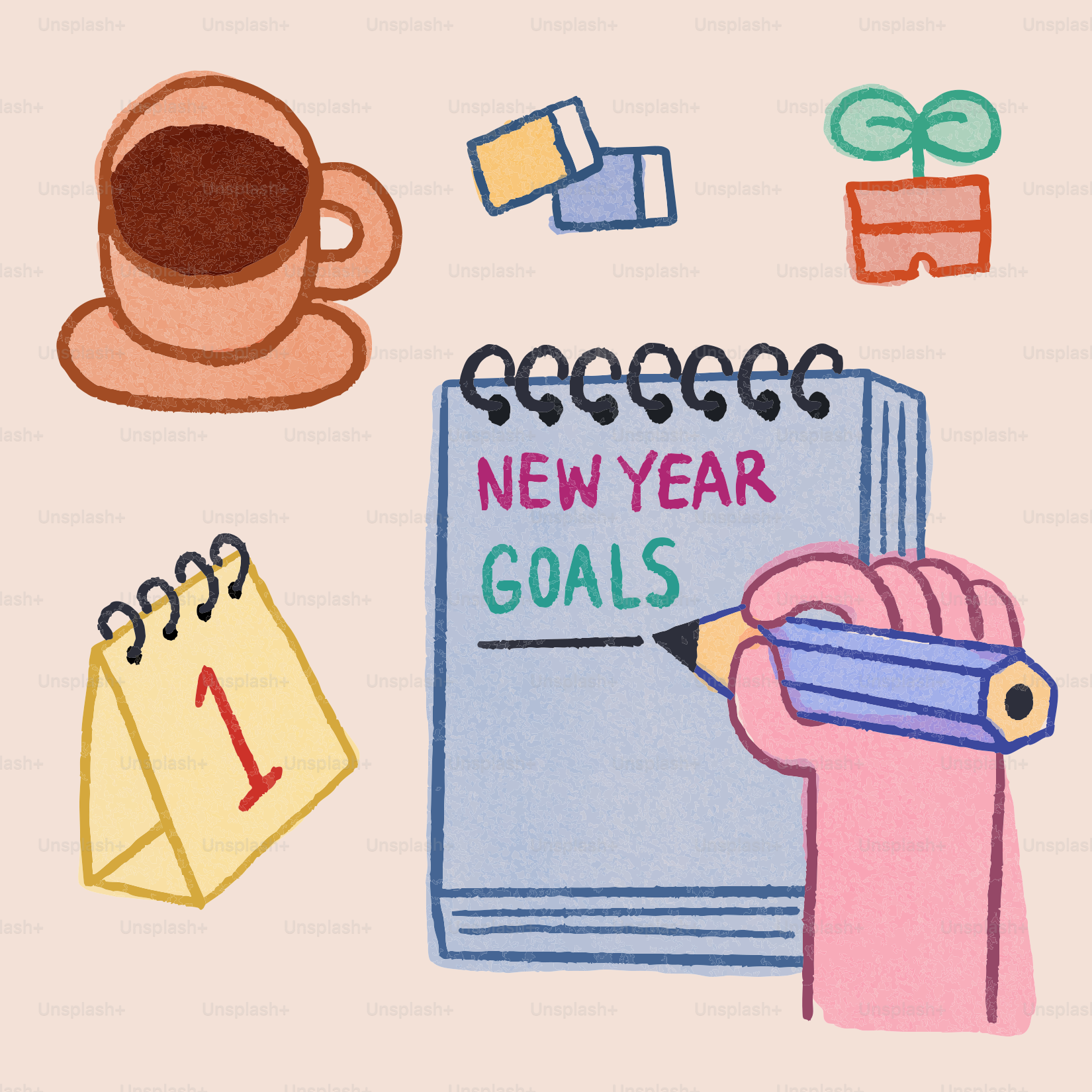 鉛筆でメモ帳に新年の目標を手書きする