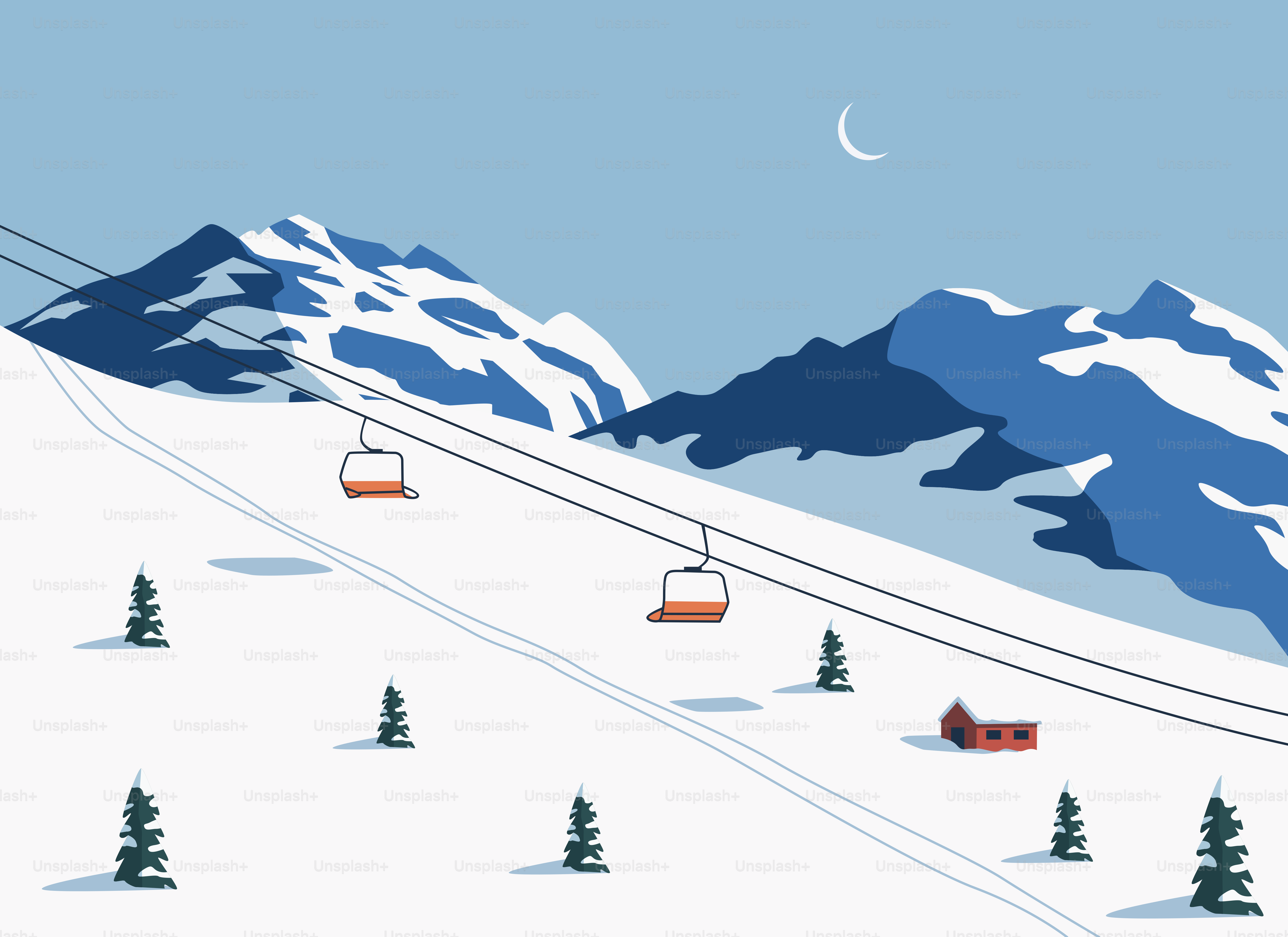 Ski resort with mountains, chairlifts, and a small cabin.