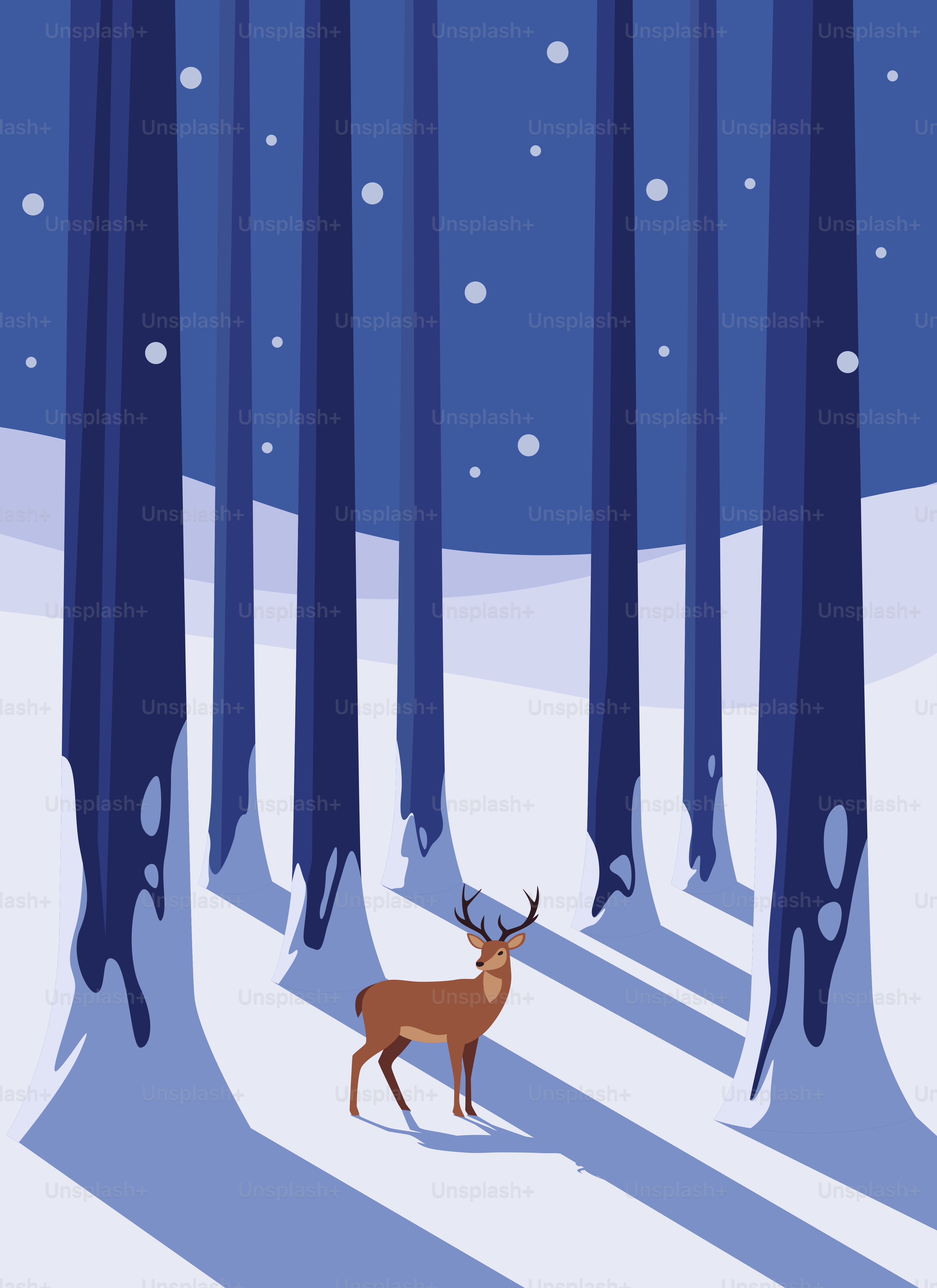 Deer standing in a snowy forest with tall trees