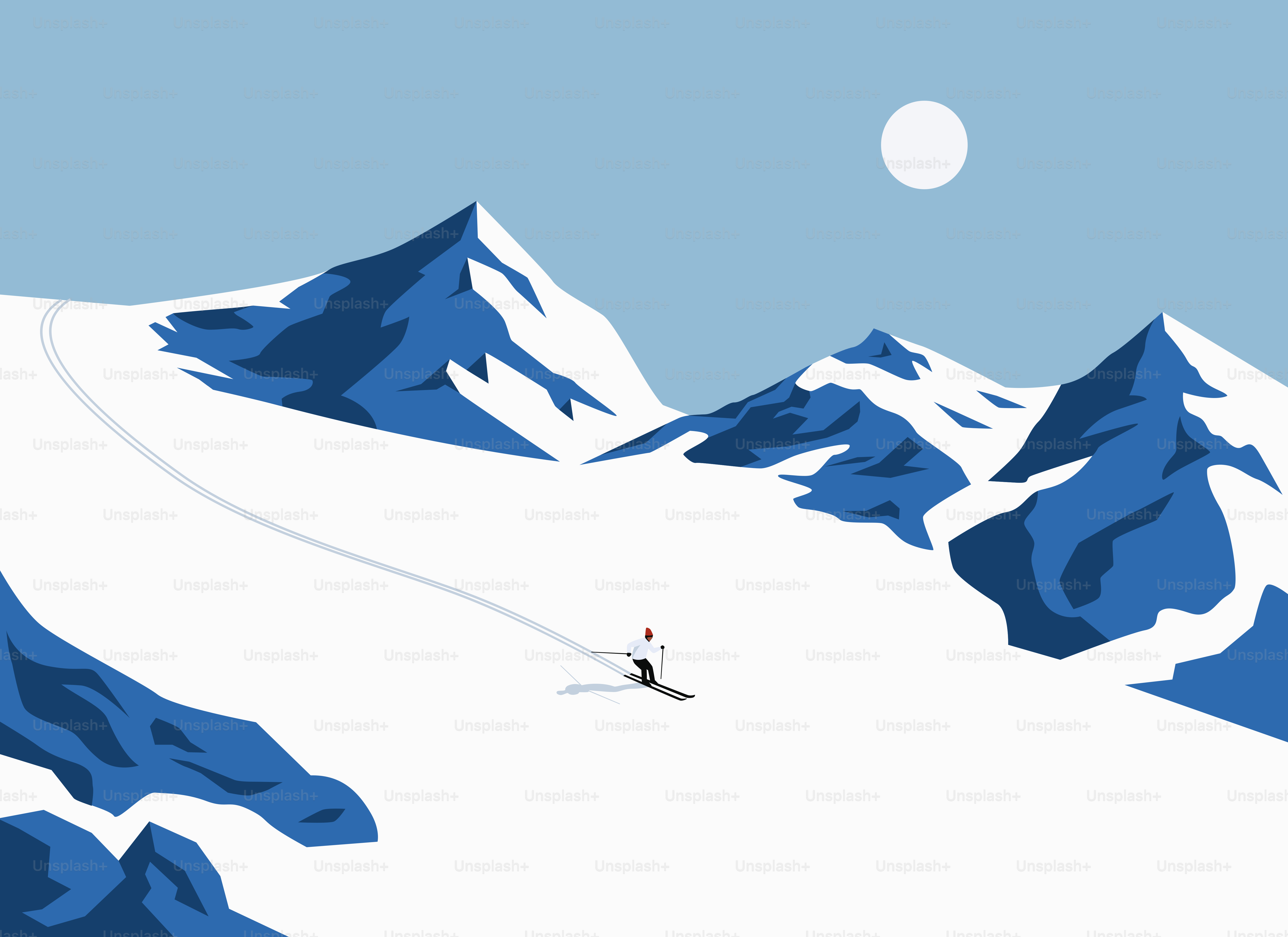 A lone skier descends a snowy mountain slope.